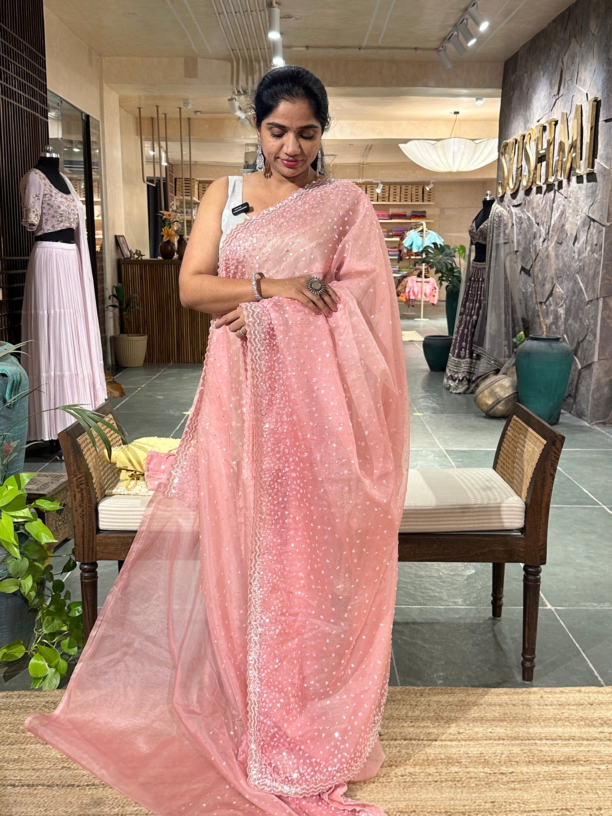 Blush Pink Organza Handwork Saree with stitched blouse