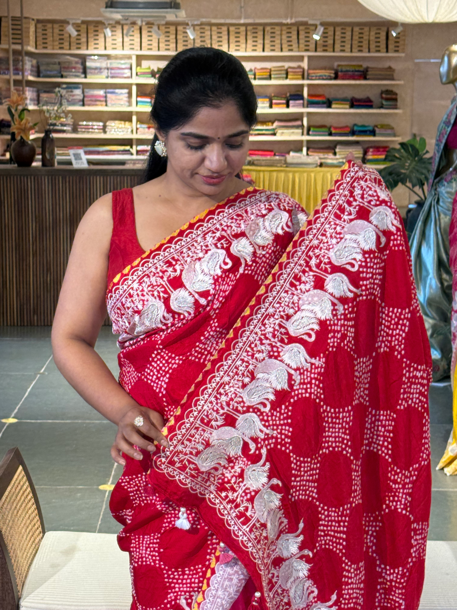 Pure Gajji Silk Rai Bandhej Saree in half and half style with Swan embroidery