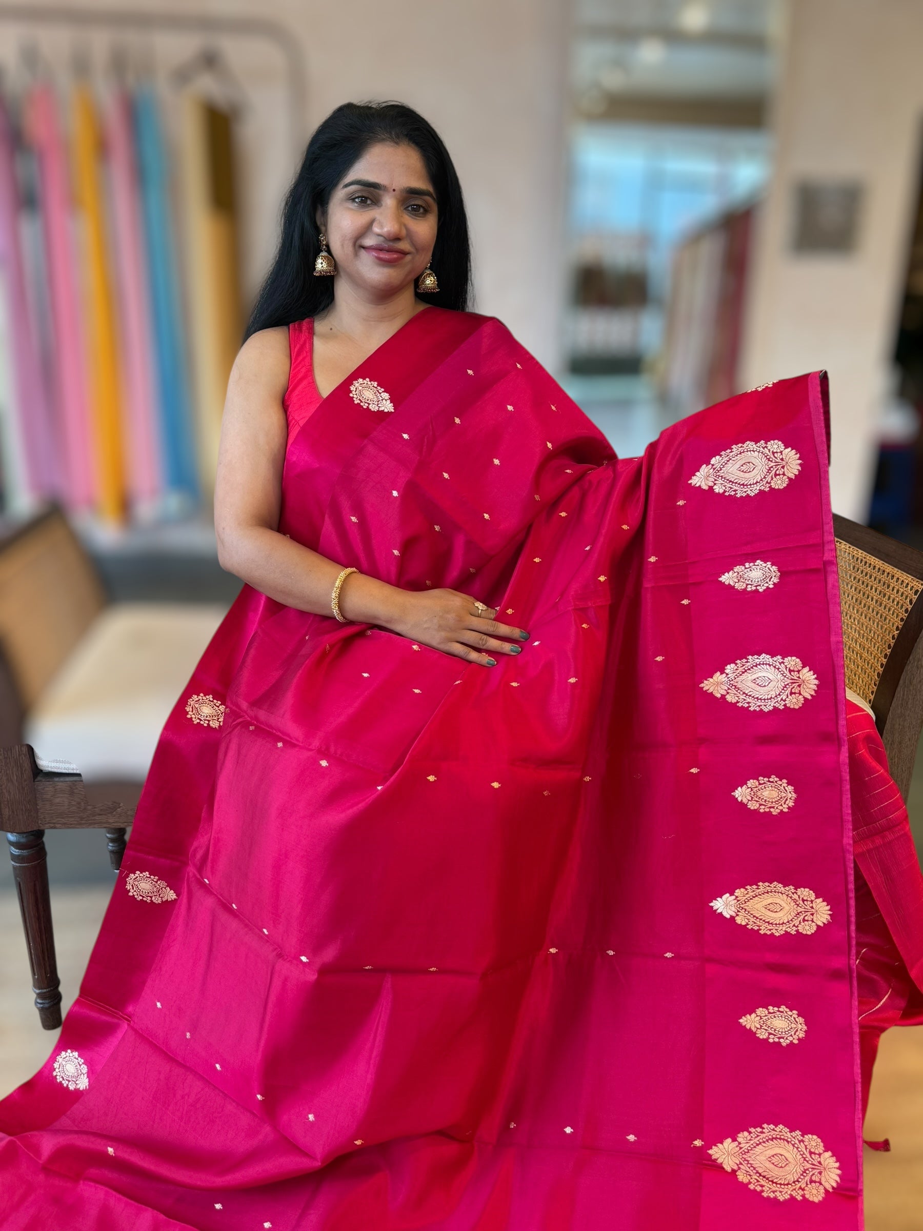 Ruby Pink Banarasi Raw Mango Silk Saree with Open Borders & Kaduwa Woven Motifs
