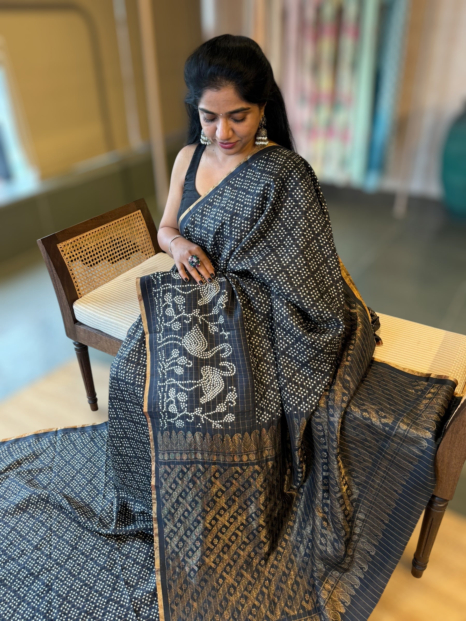 Black Kanchi Soft Silk Saree With Zari Checks allover the Saree &Bandhini Print