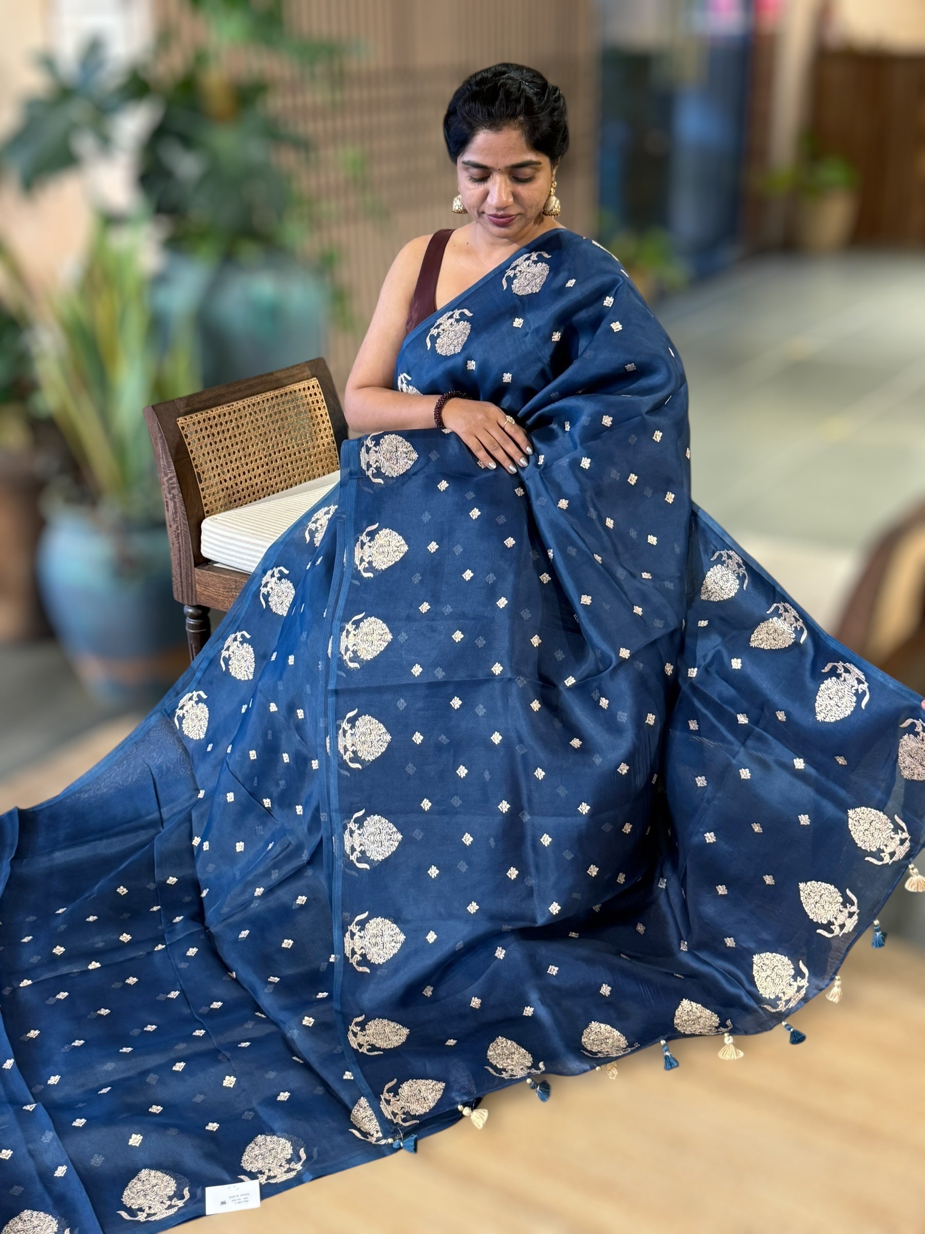 Midnight Blue Organza Saree With Embroidered Motifs & Tussar Printed Blouse