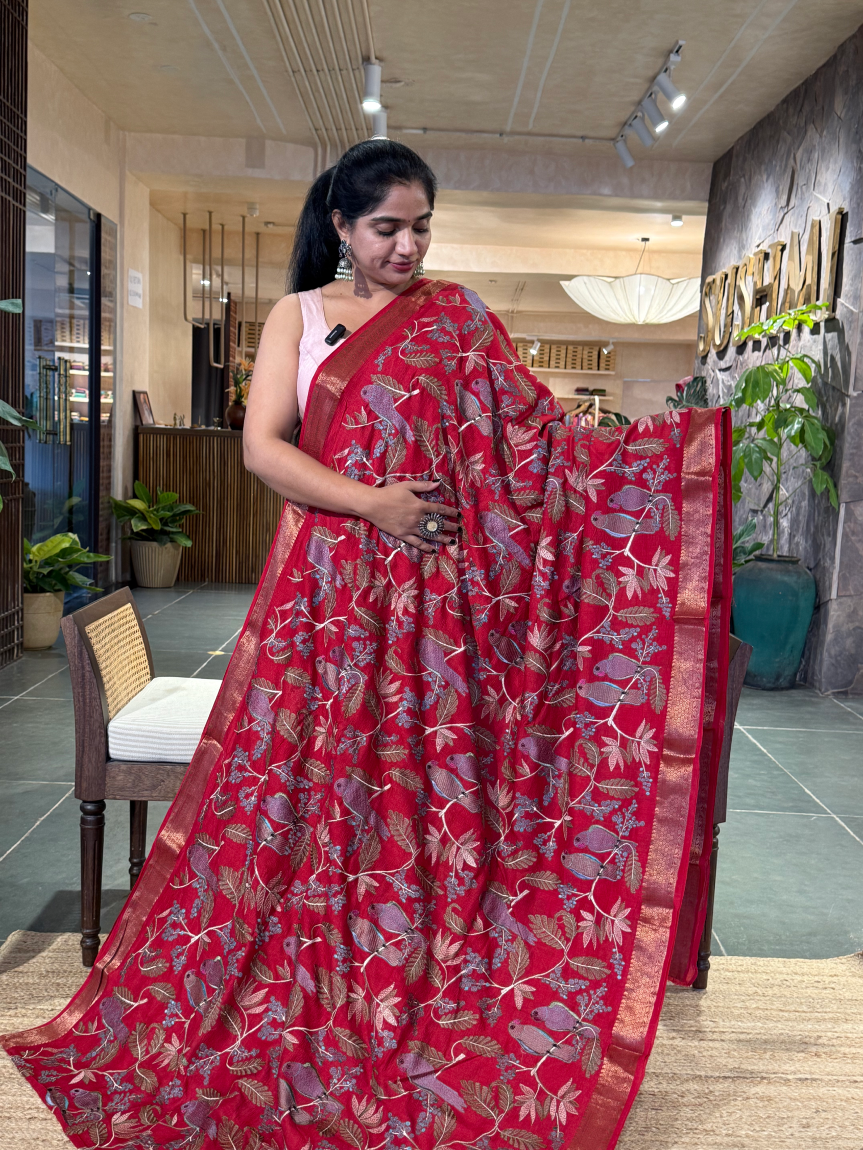 SMSEA115 Dark Red Pure Handloom Munga Silk Saree with allover  Embroidery