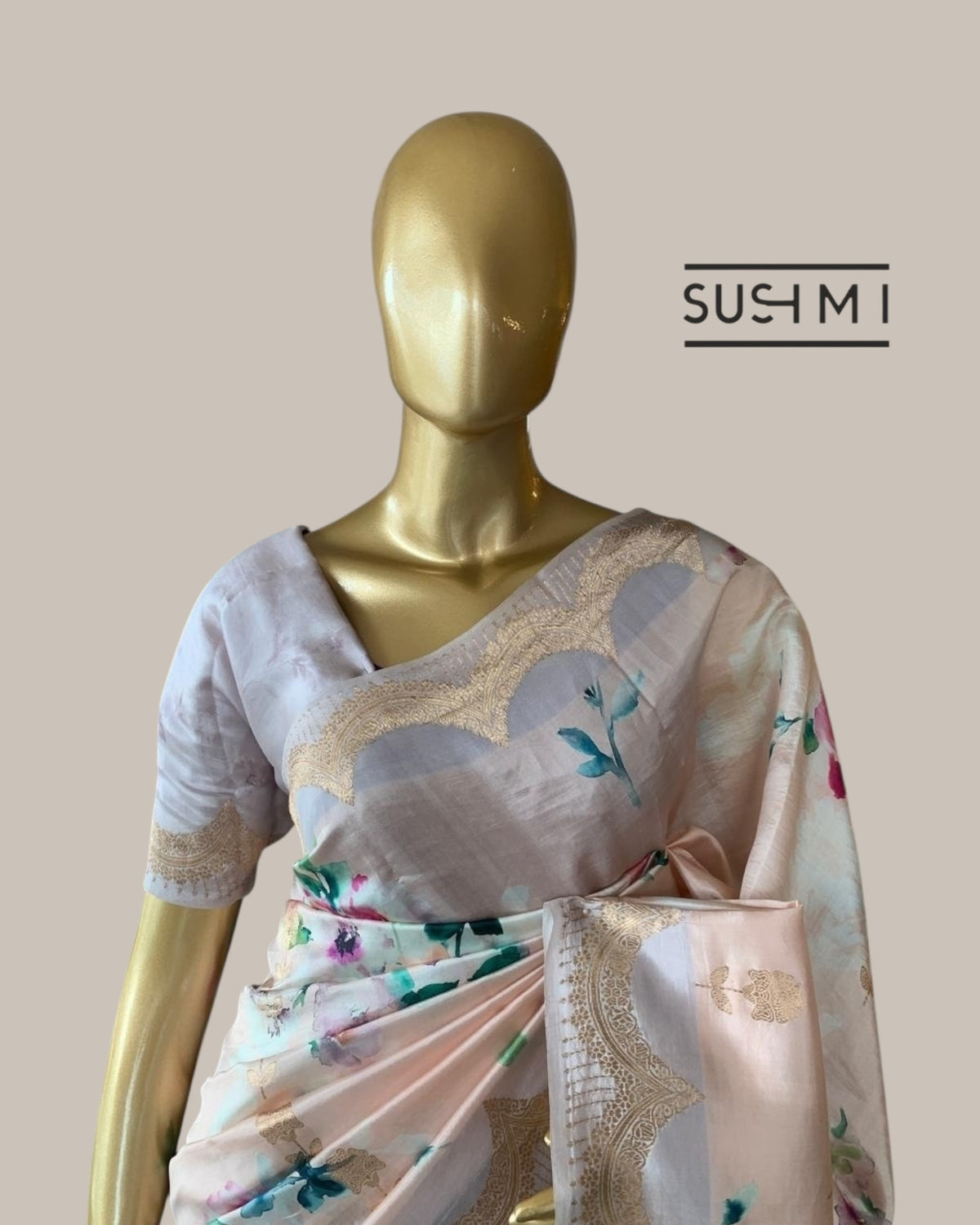 Banarasi Soft Silk Printed Saree With Scalloped Woven Zari Border