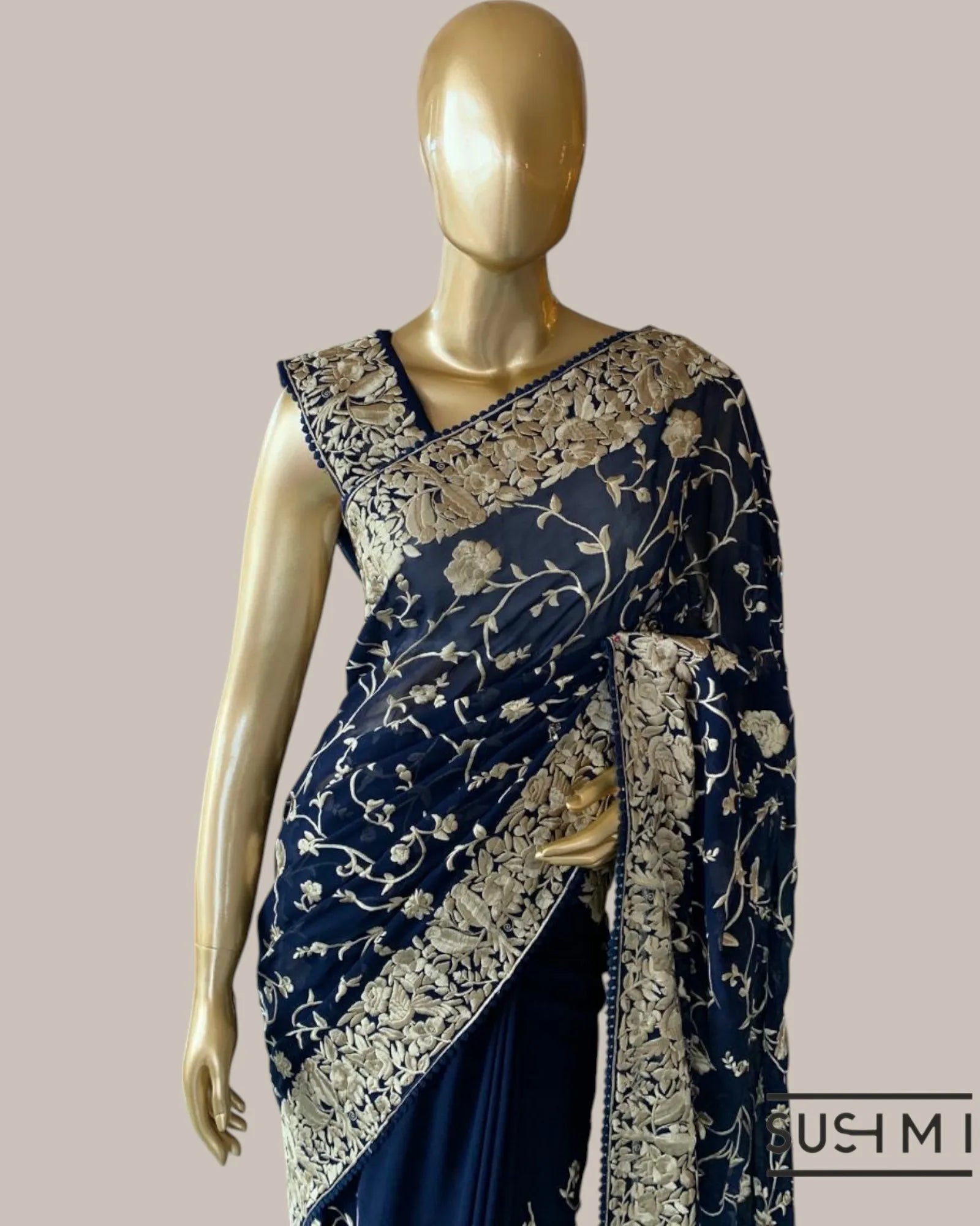 Midnight Blue Pure Gorgette Saree With Parsi Gara Style Allover Embroidery   Ori