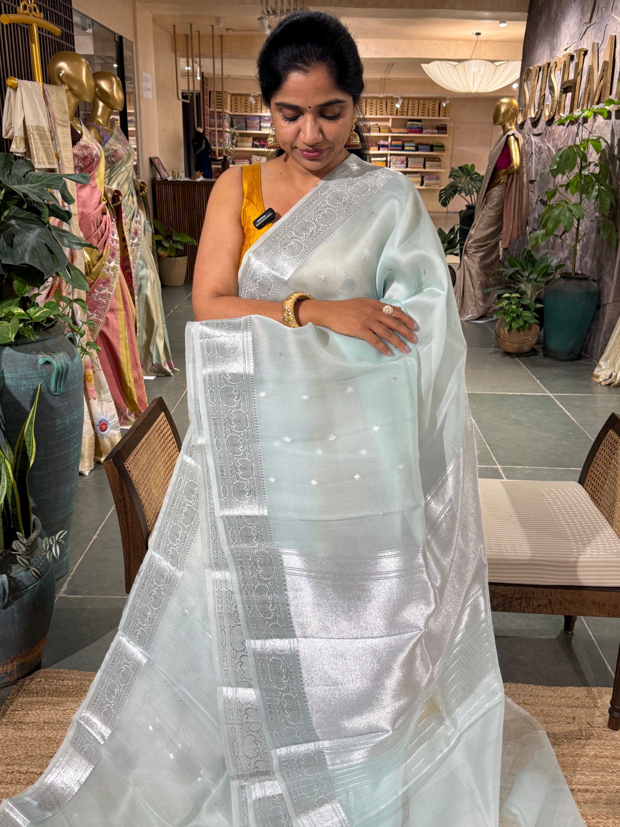 Powder Blue Pure Handloom Kora Banarasi Saree with Silver Zari Weaving