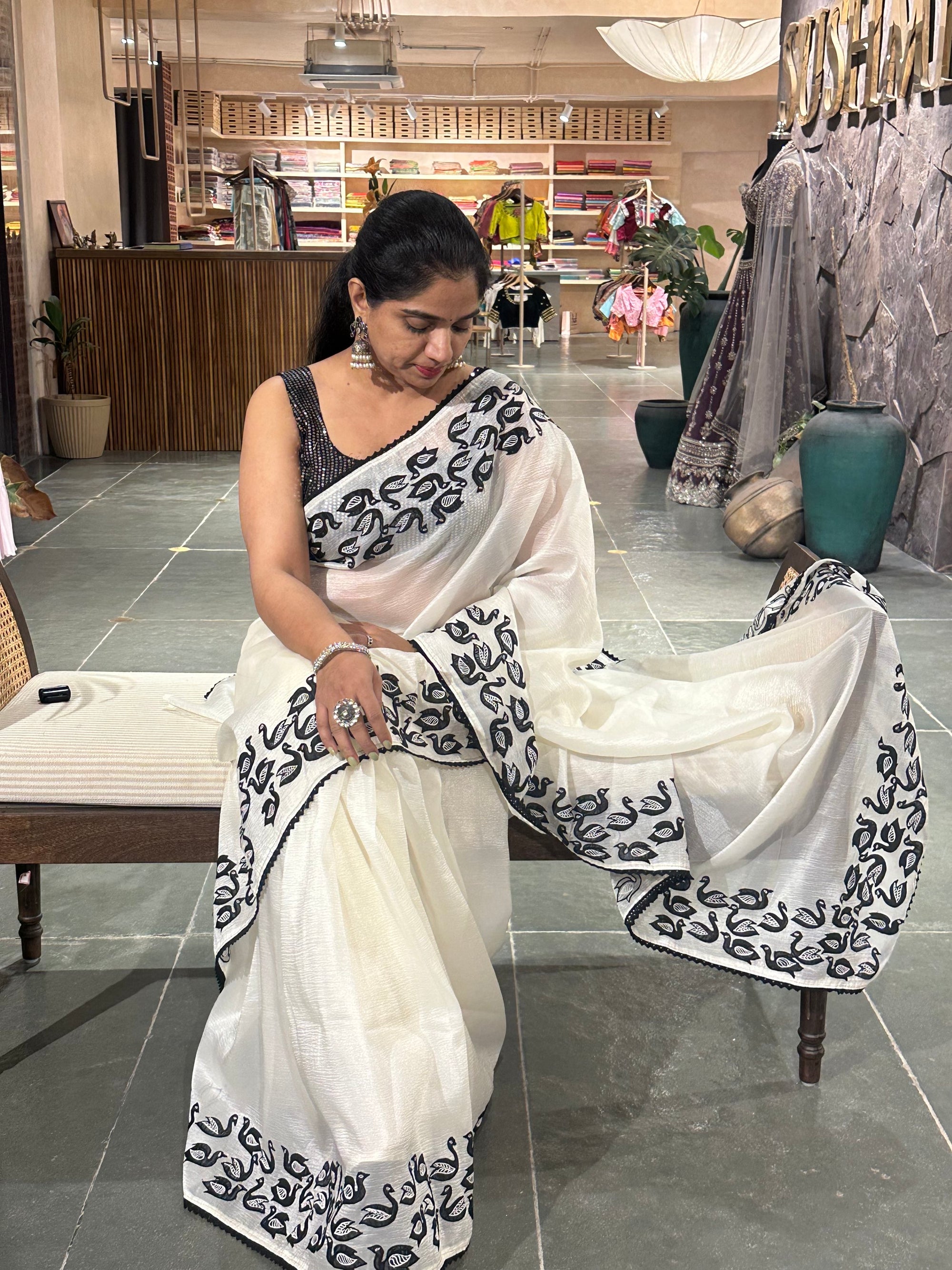 Half white Crush Organza Saree with Ducks applique work and embroidery