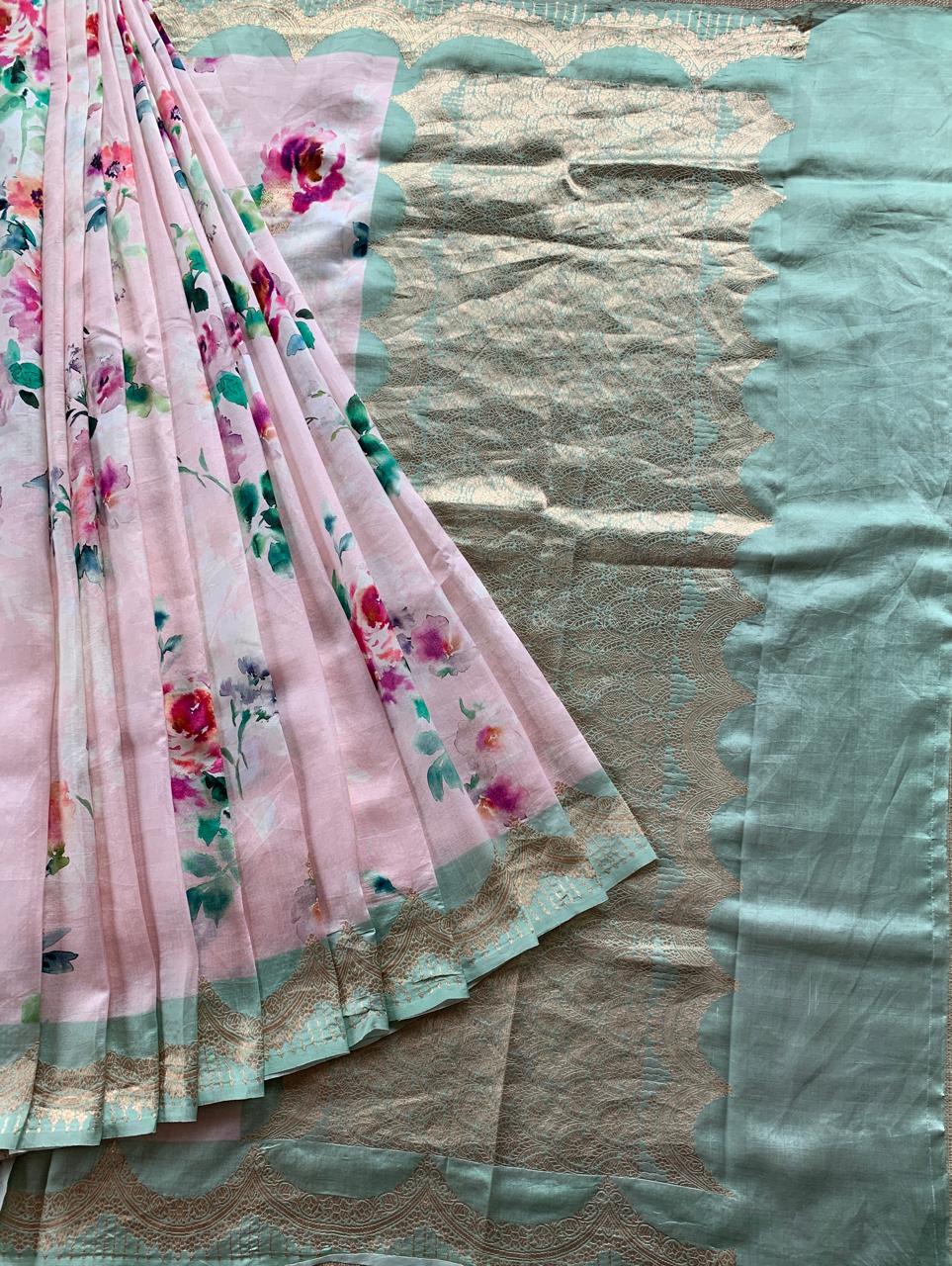 Banarasi Soft Silk Printed Saree With Scalloped Woven Zari Border