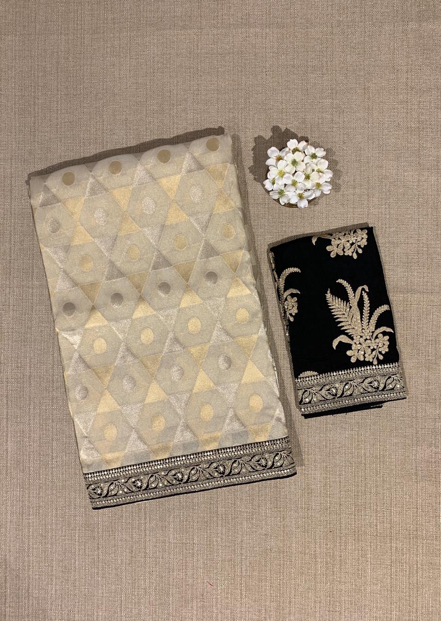 Ivory Kora Tissue Saree with Sabyasachi-Style Borders & Heavy Embroidered Blouse