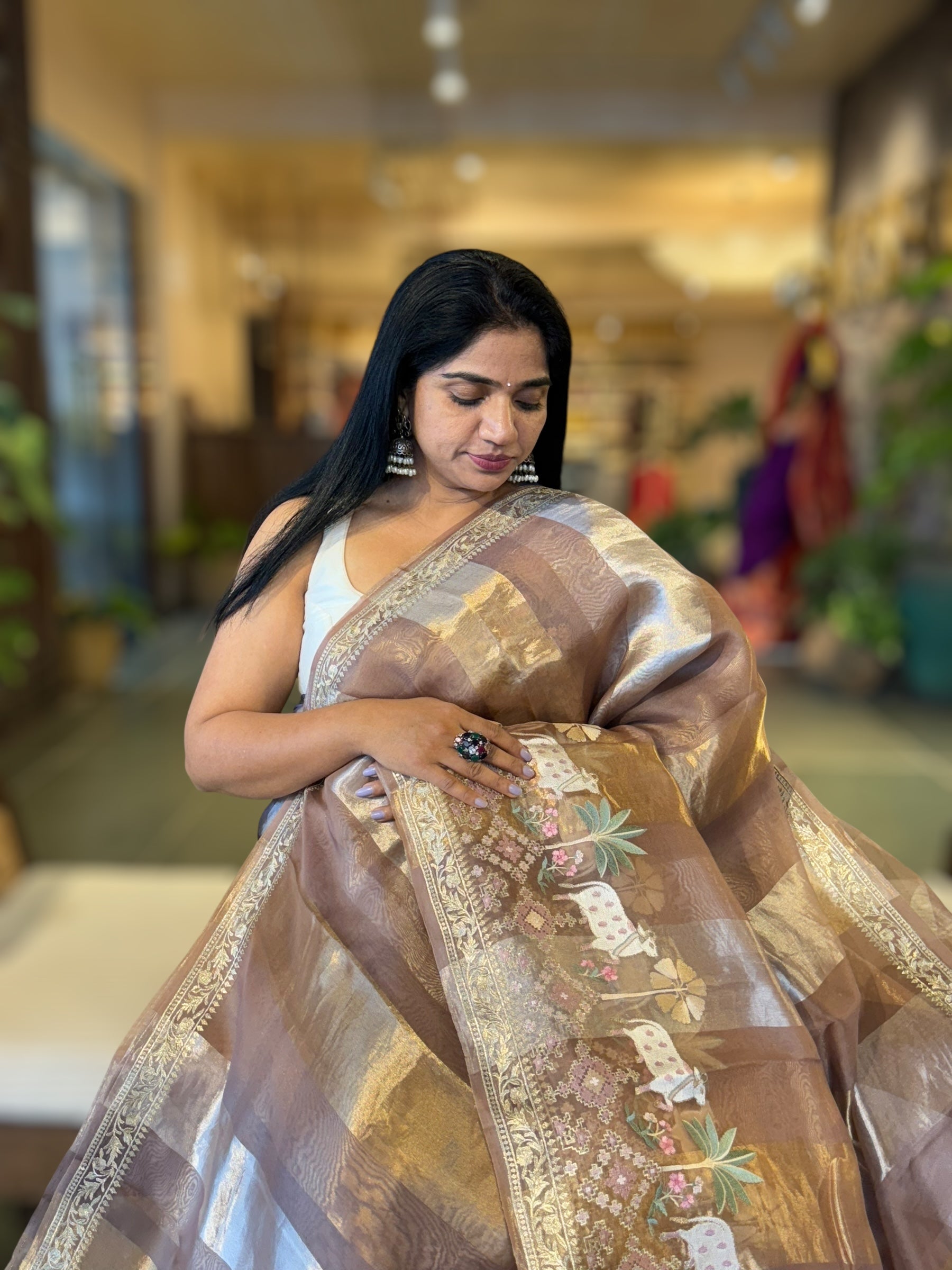 English Brown Kora Tissue Stripes Saree Wth Jamdani & Pichwai embroidered Border