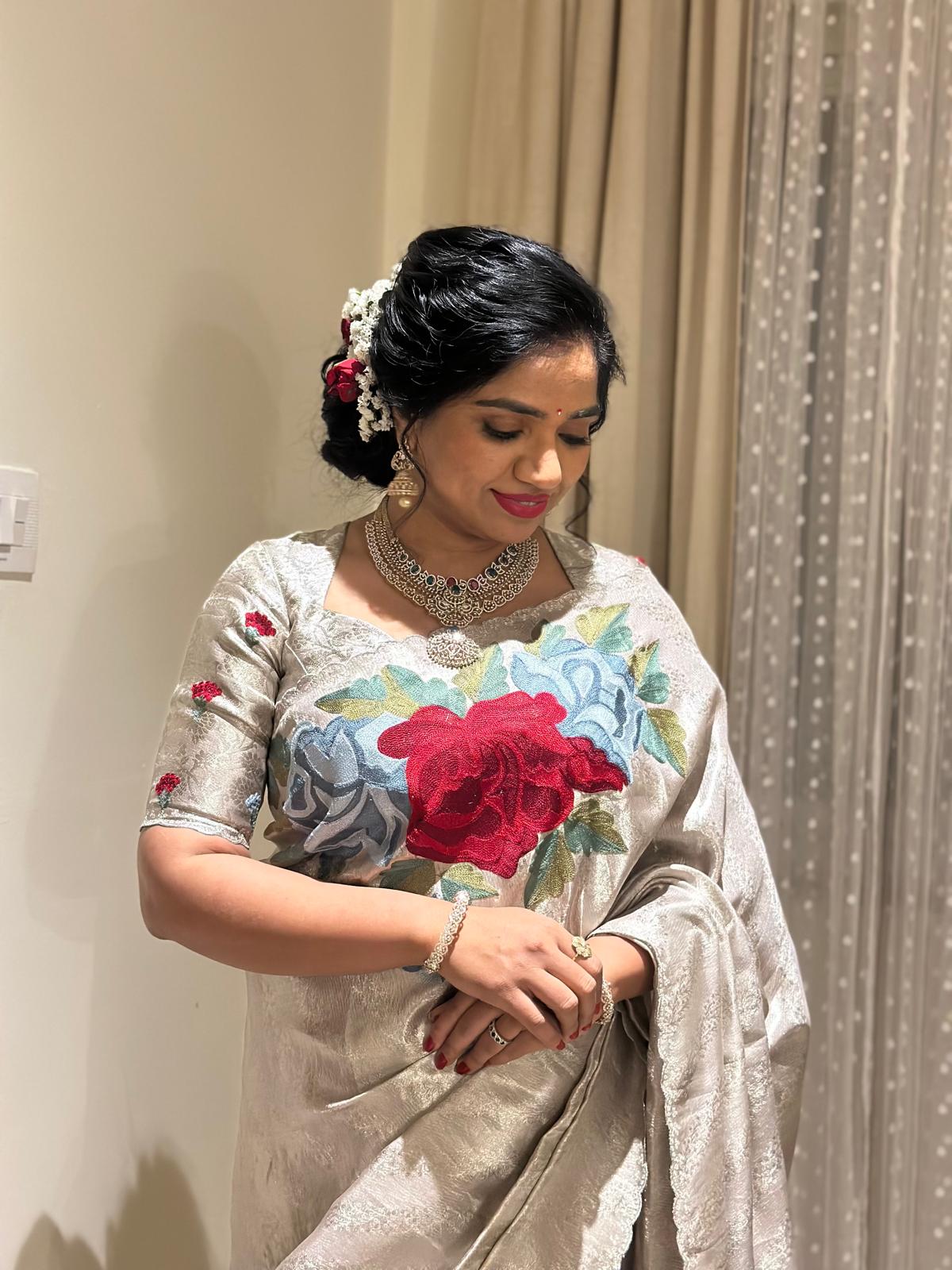 Silver Kanchi Brocade Tissue Saree with Statement Floral Embroidered Roses