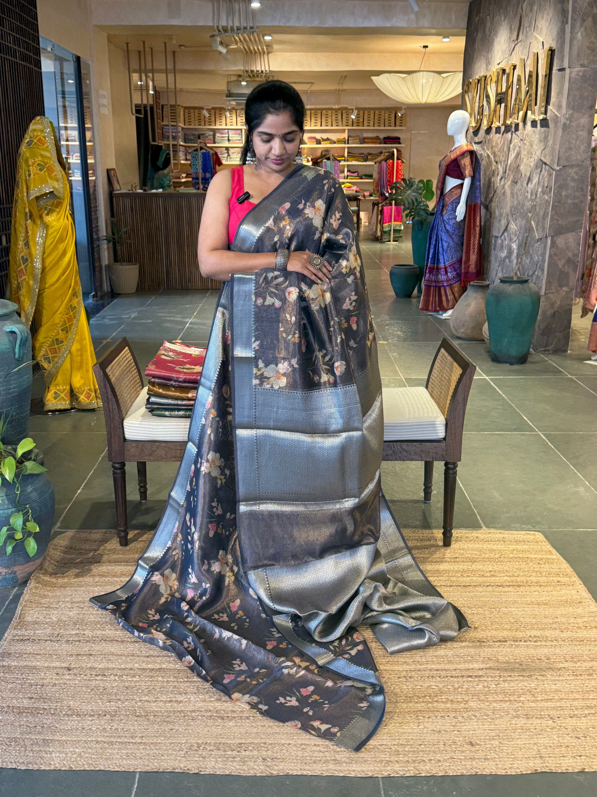 Midnight blue Banarasi Floral Printed Cotton Tissue with brocade pallu & blouse