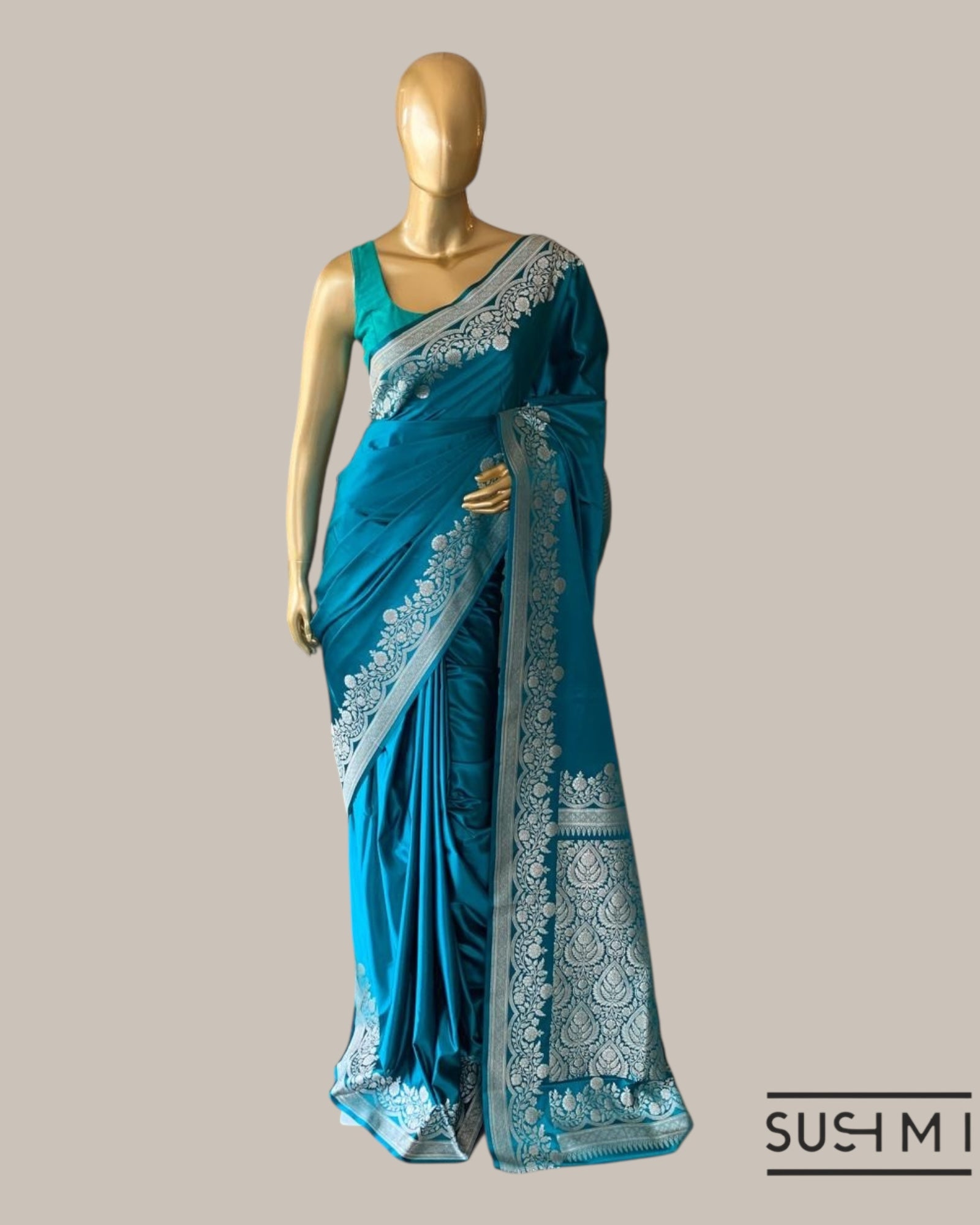 Peacock Blue Mashru Silk Saree With Staright and  Scalloped Border