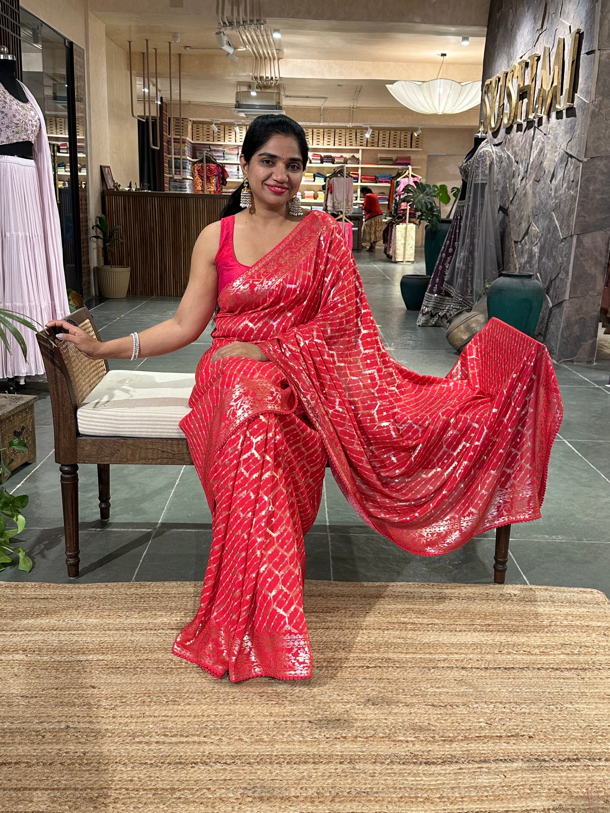 Pinkish Red Pure Gorgette Lehariya Bandhini Sequnce Saree