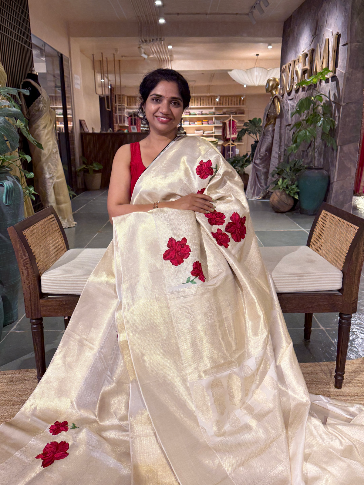 Kanjeevaram Brocade Silk Saree With Floral Embroidery