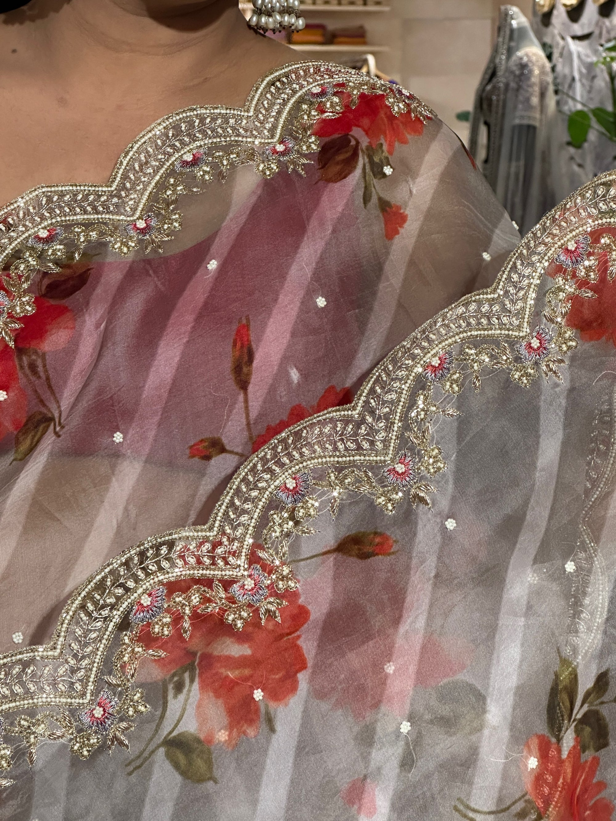Earthy Tone Pure Organza lehariya Floral Printed With Handwork Border
