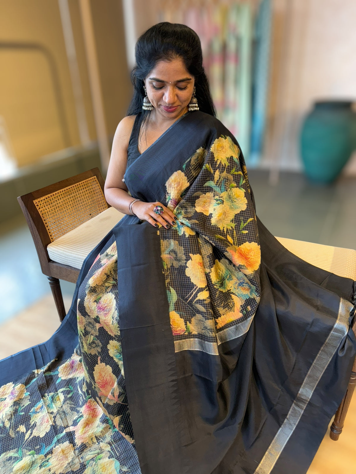 Kanchi Soft Silk Zari Checks Saree With 3D Statement Roses Print Allover