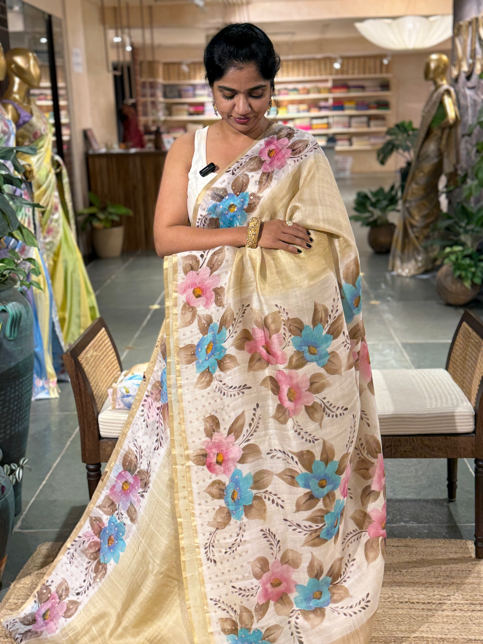 Tussar Kota Tissue Saree with Handpainted Muslin Border and Pallu