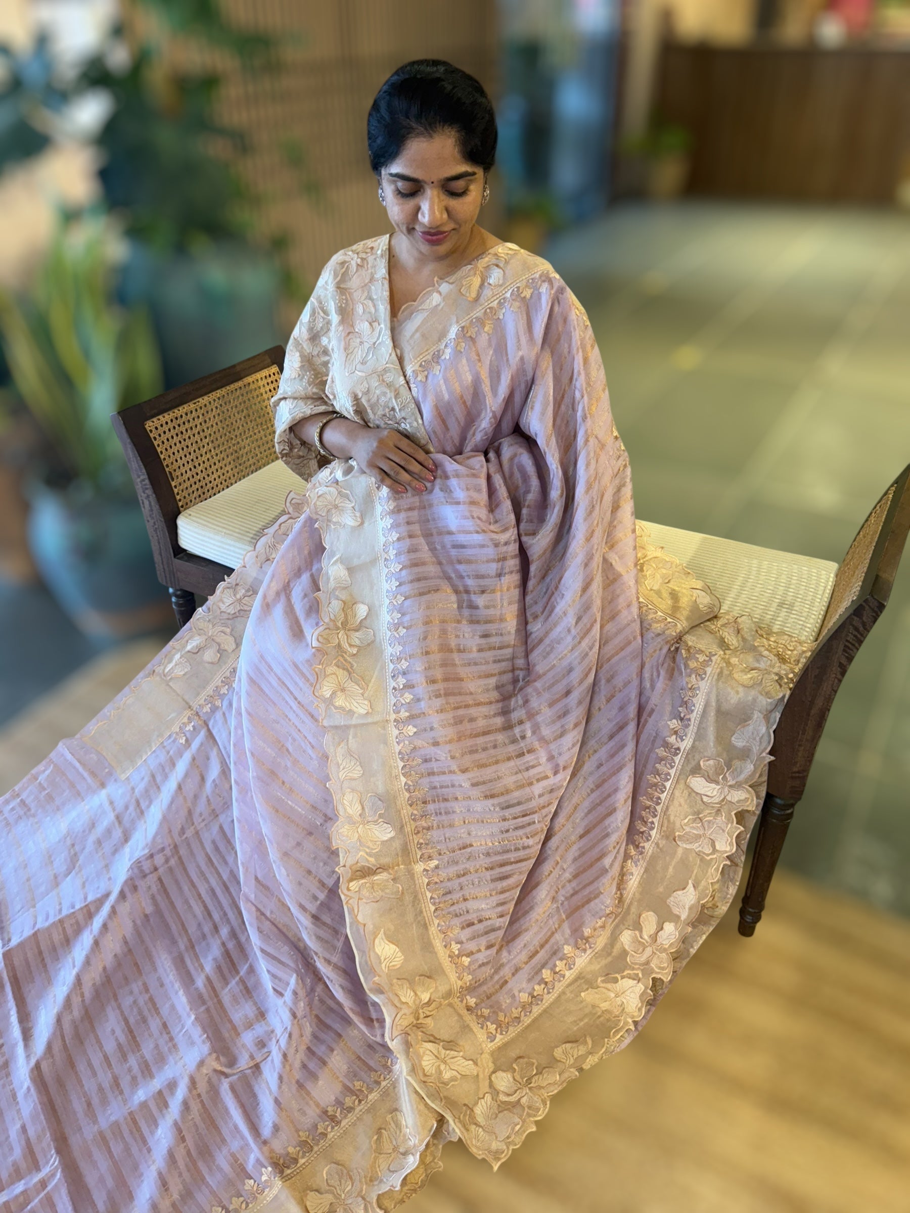 Pastel Yellow Mul Tissue Stripes Saree With Tissue Cutwork  Border & Blouse
