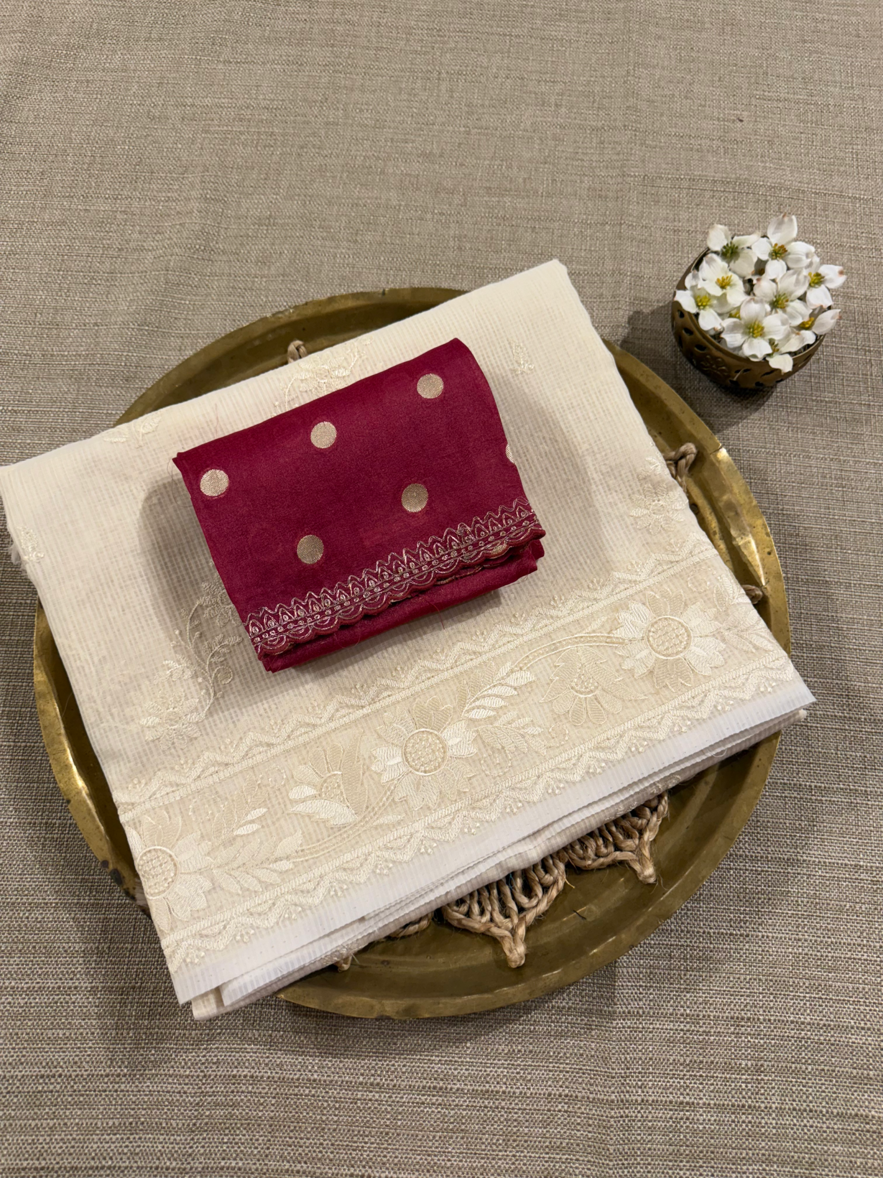 KCCA1918 : Kota Cotton Chikankari Embroidered Saree paired with Fusion Blouses