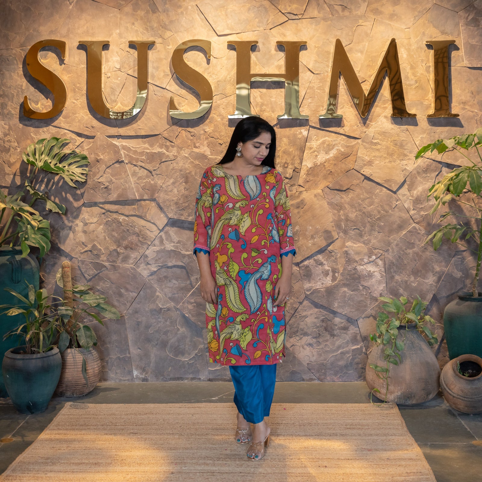 Statement Peacock Pen Kalamkari Silk Coordset