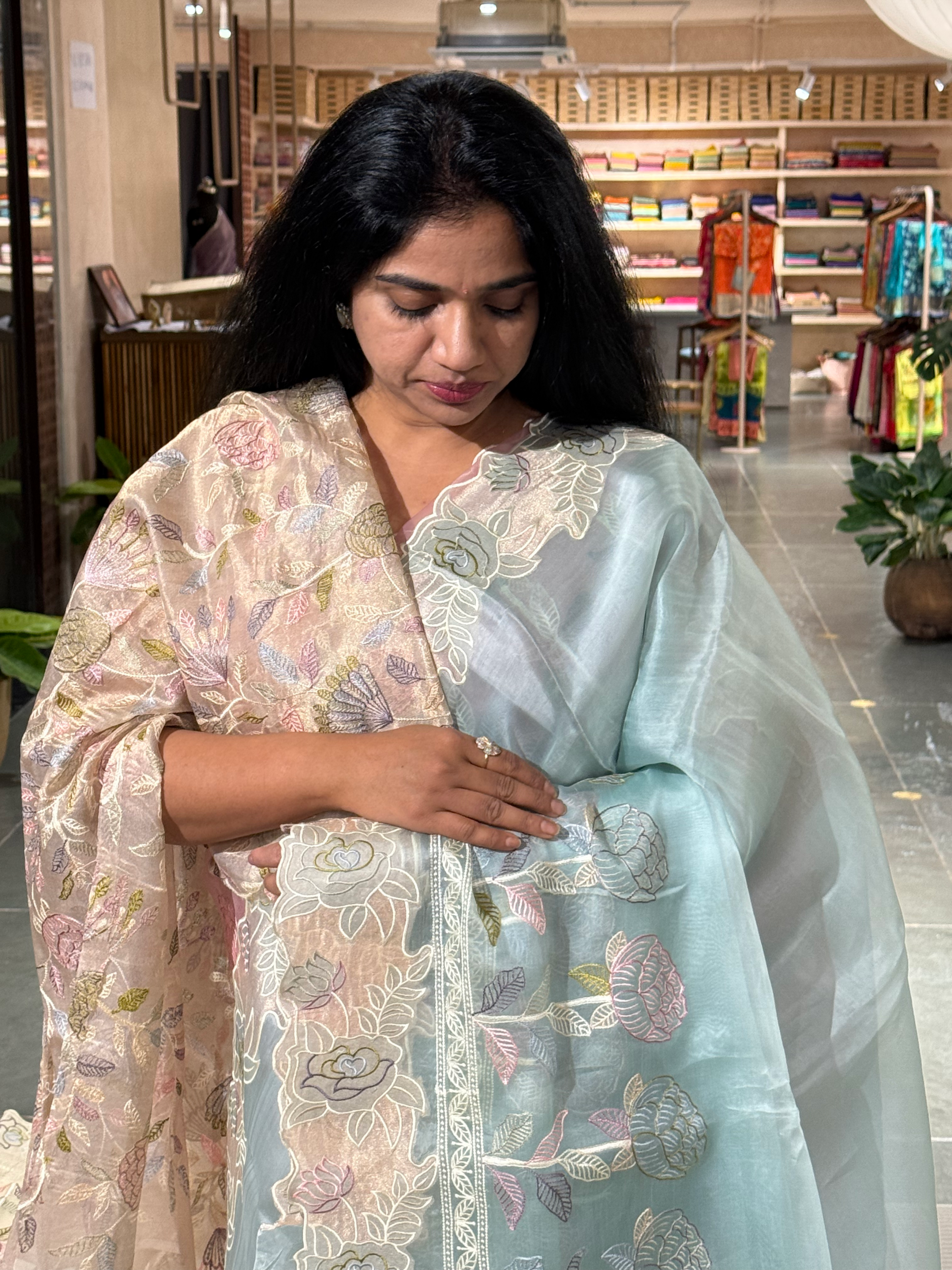 Pastel Blue Pure Organza Saree with embroidered and cutwork borders