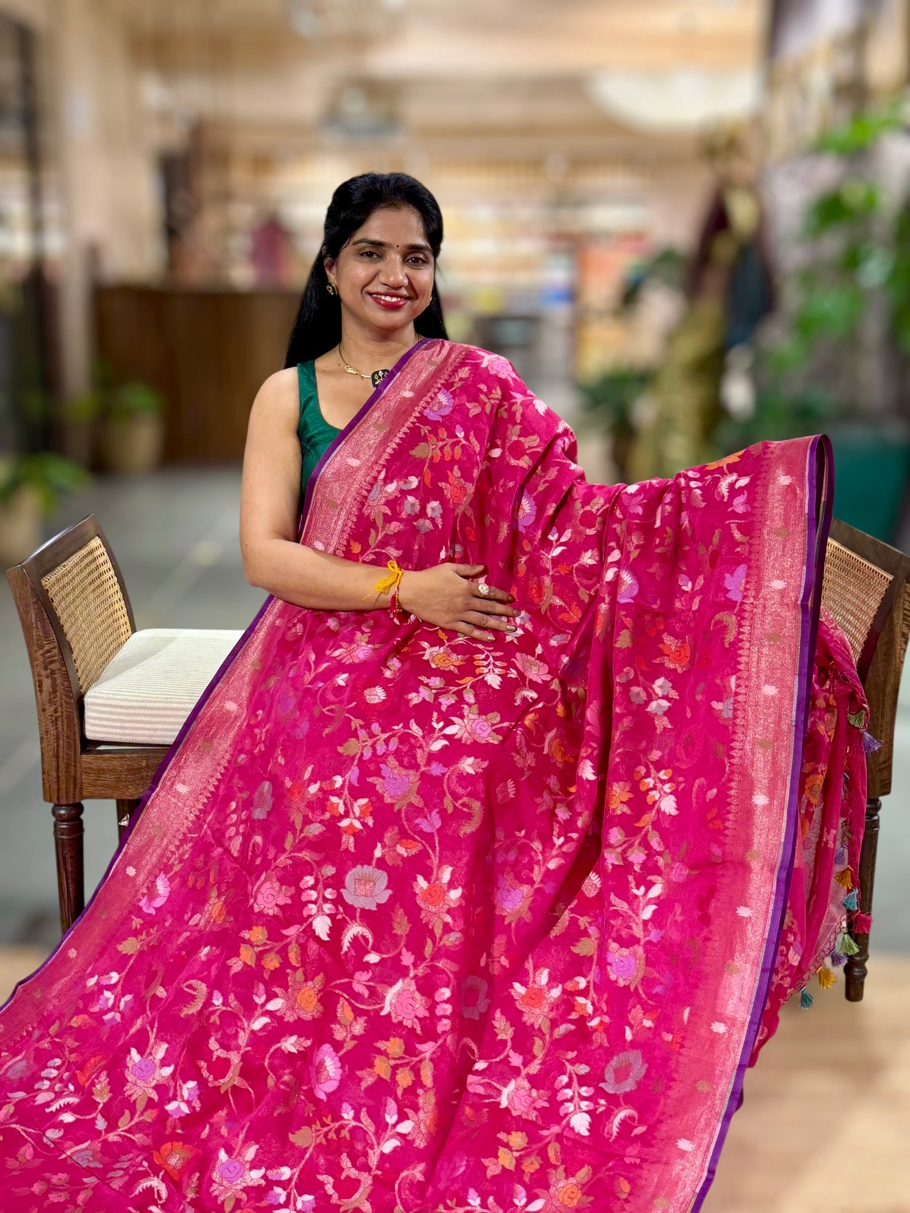 Pink Banarasi Handloom Cotton Cut Jamdani Saree With Allover Meenakari