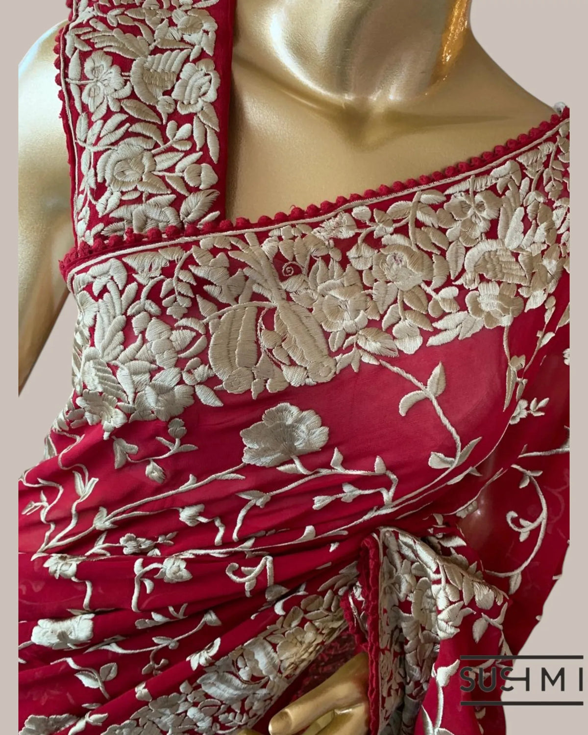 Ruby Pink Pure Gorgette Saree With Parsi Gara Style Allover Embroidery   Origina