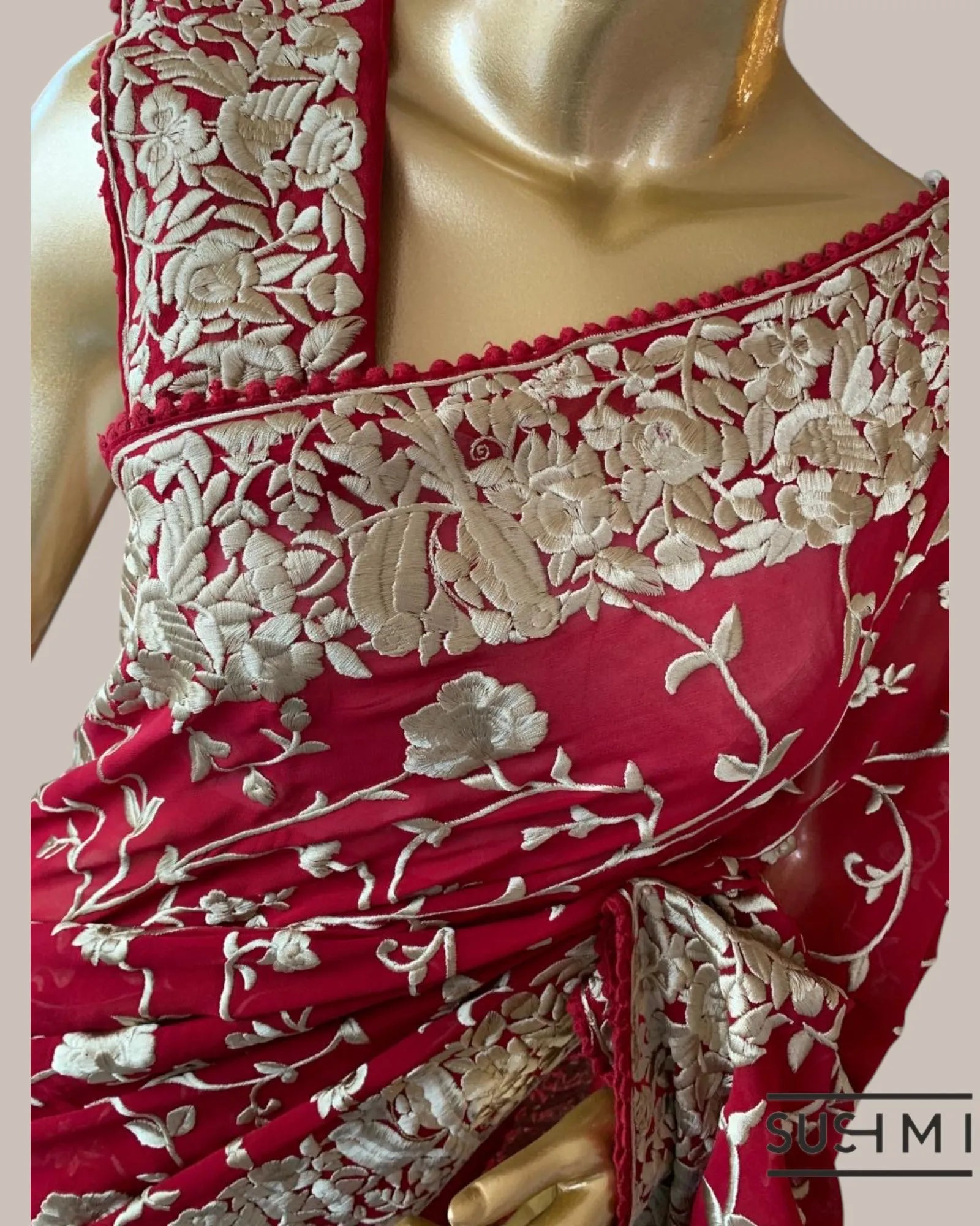 Ruby Pink Pure Gorgette Saree With Parsi Gara Style Allover Embroidery   Origina