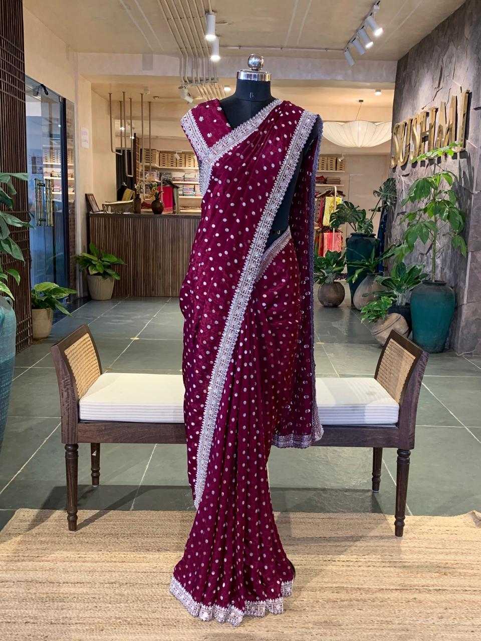 Wine Satin Gorgette Saree with Handwork border and blouse and allover zari butis