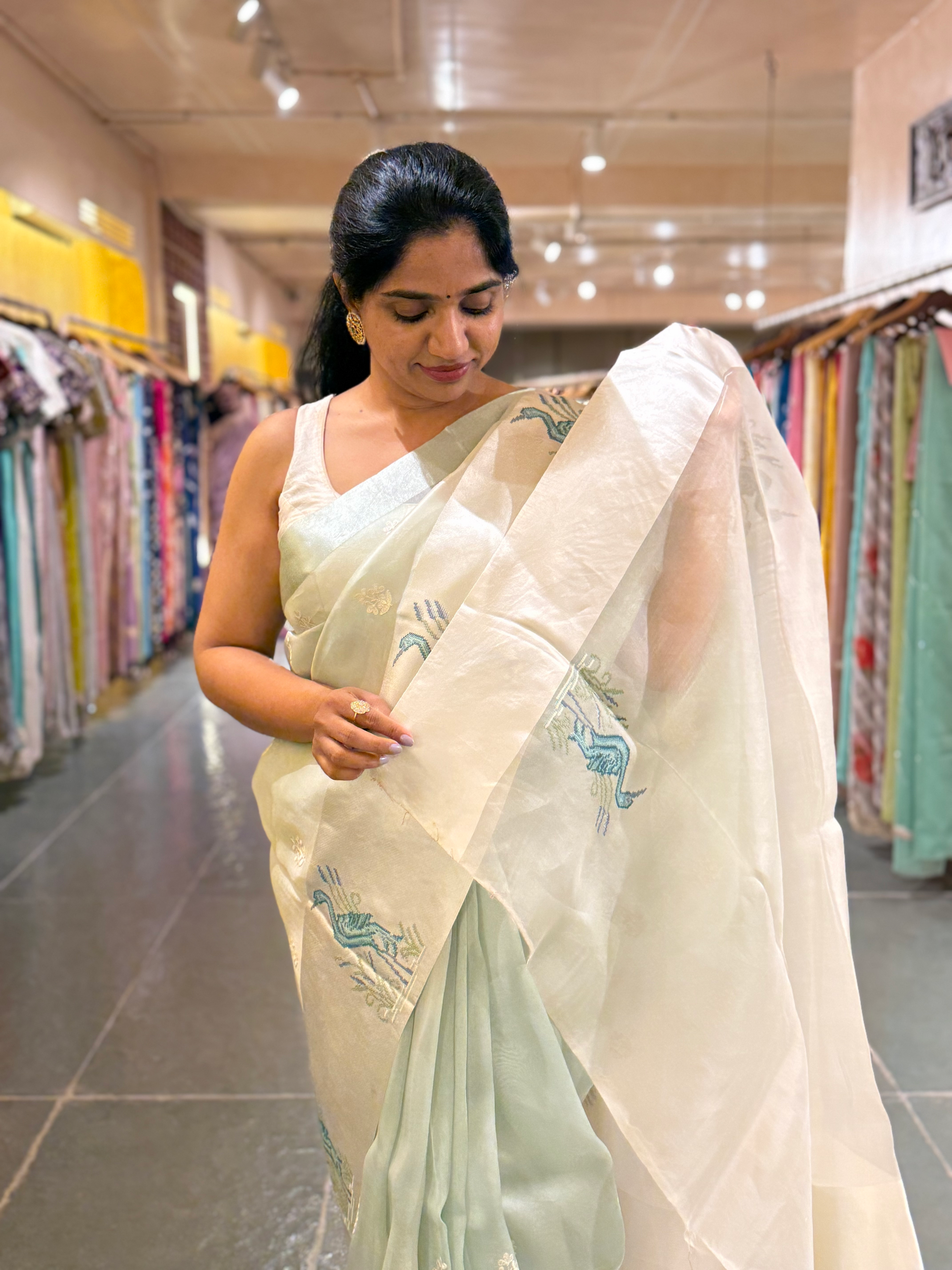 Mint Pure Organza Silk Saree with Petite Point Embriodered Swans Mashru Borders