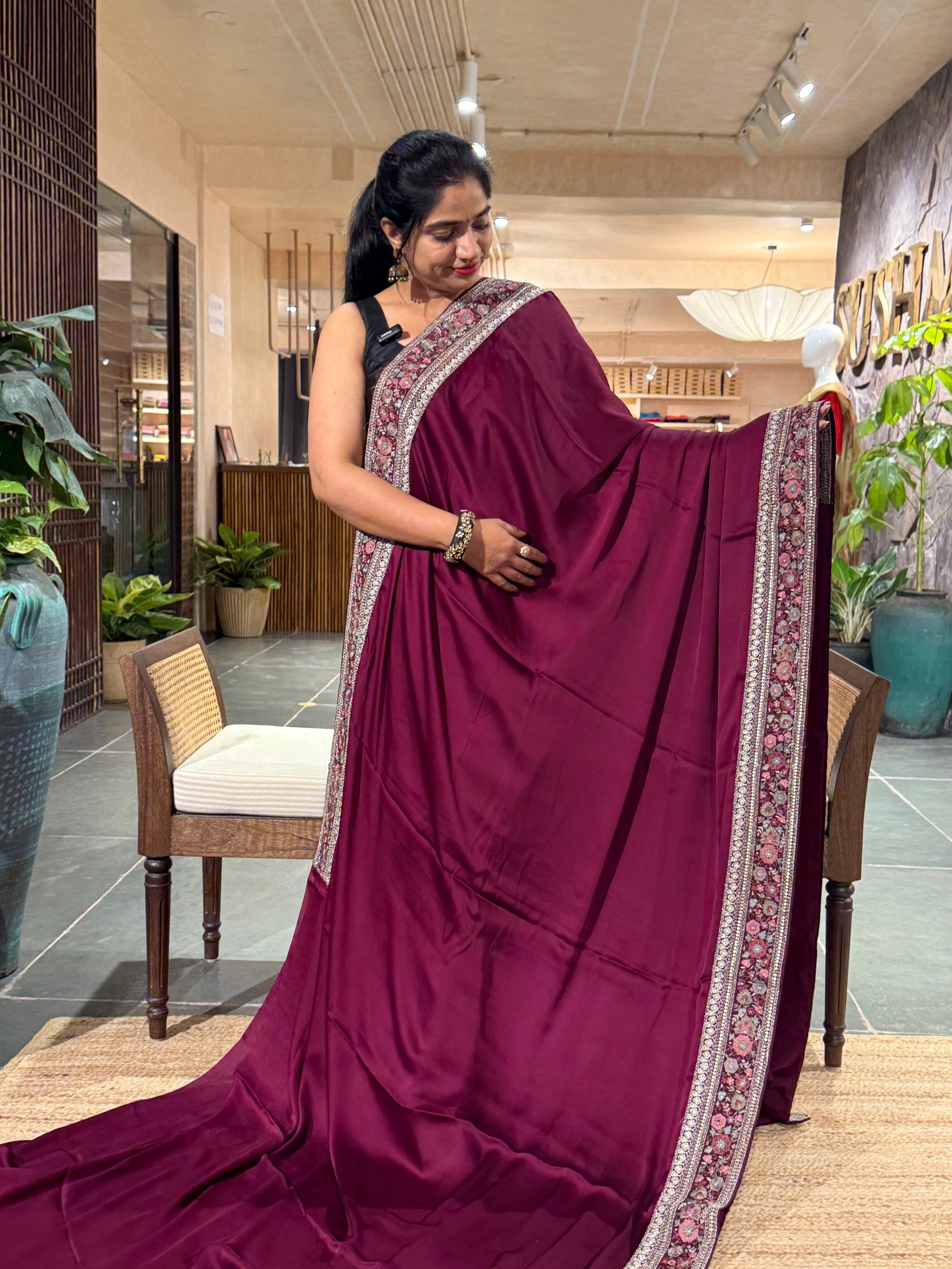 SSSM212 Wine Pure Satin Silk Saree with Sabyasachi Inspired Borders and Blouse