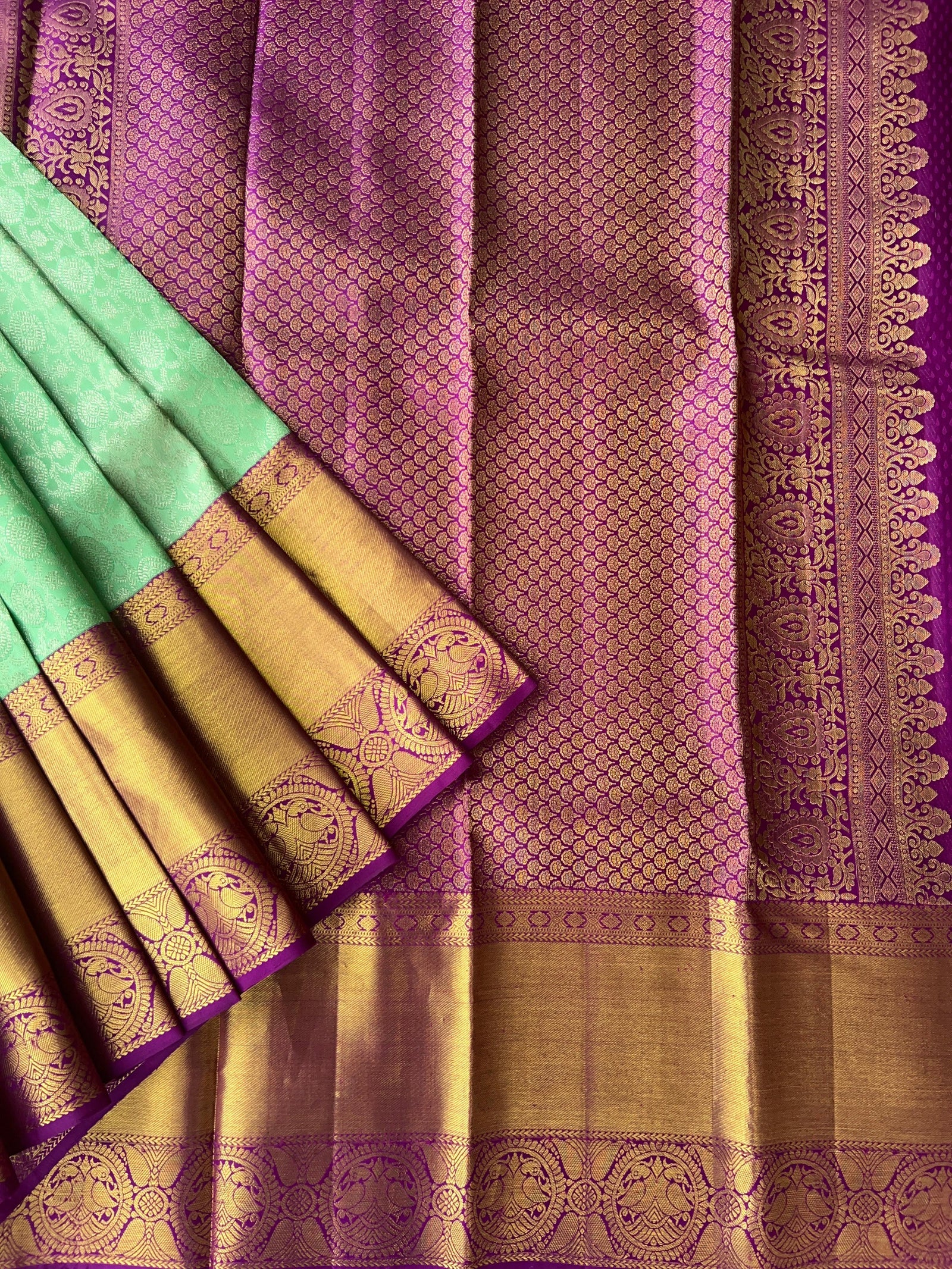Mint Green Kanchi Pattu Brocade Saree with Rich Purple Zari Border & Pallu