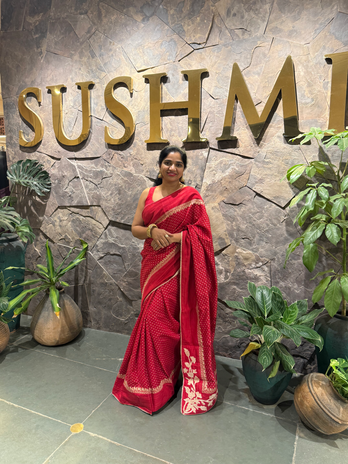 Red Chiniya Silk Saree with Embroidery Border & Applique Creeper Pallu