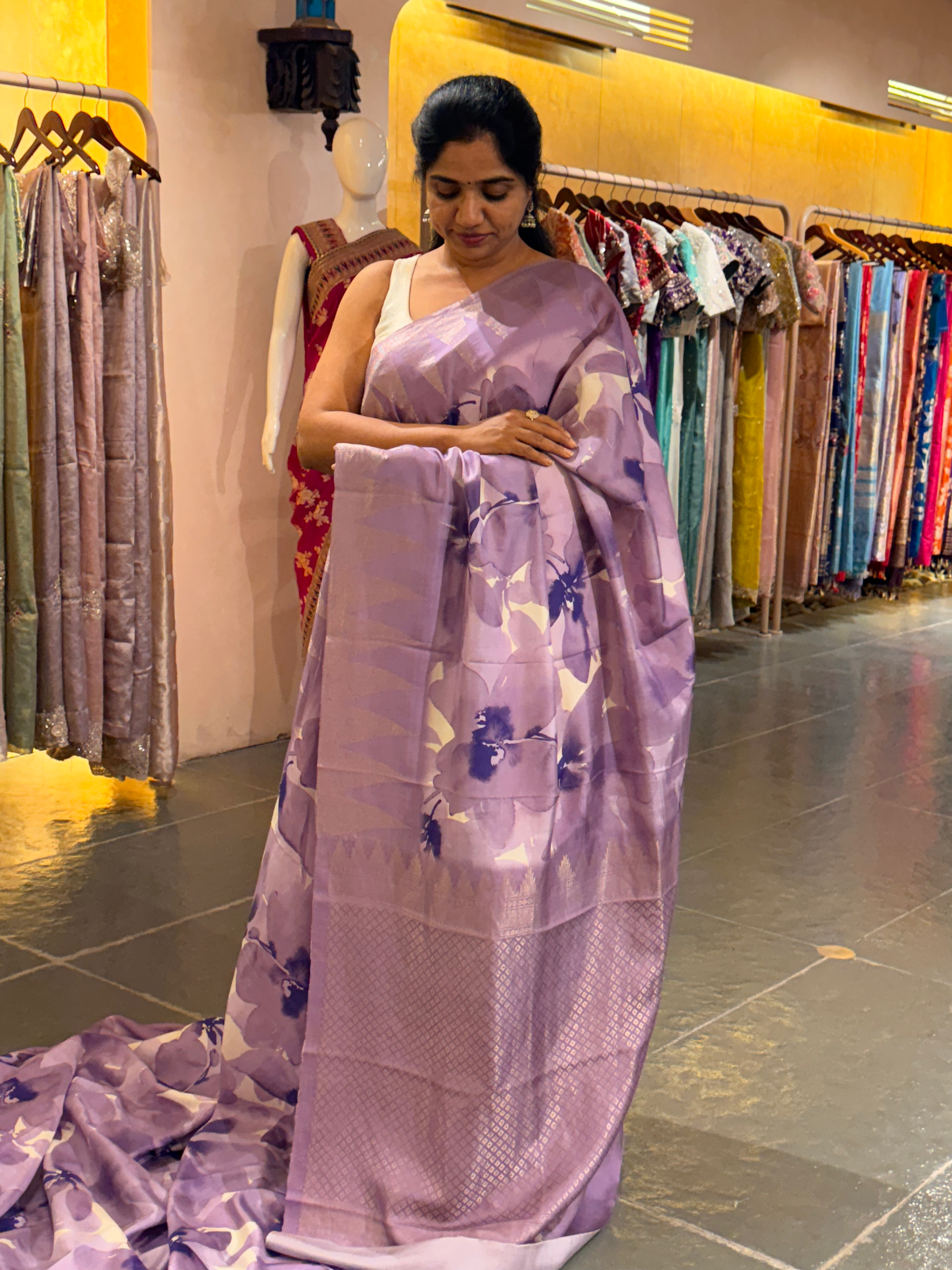 Lilac Printed Kanchi Silk soft drape Saree with temple borders b