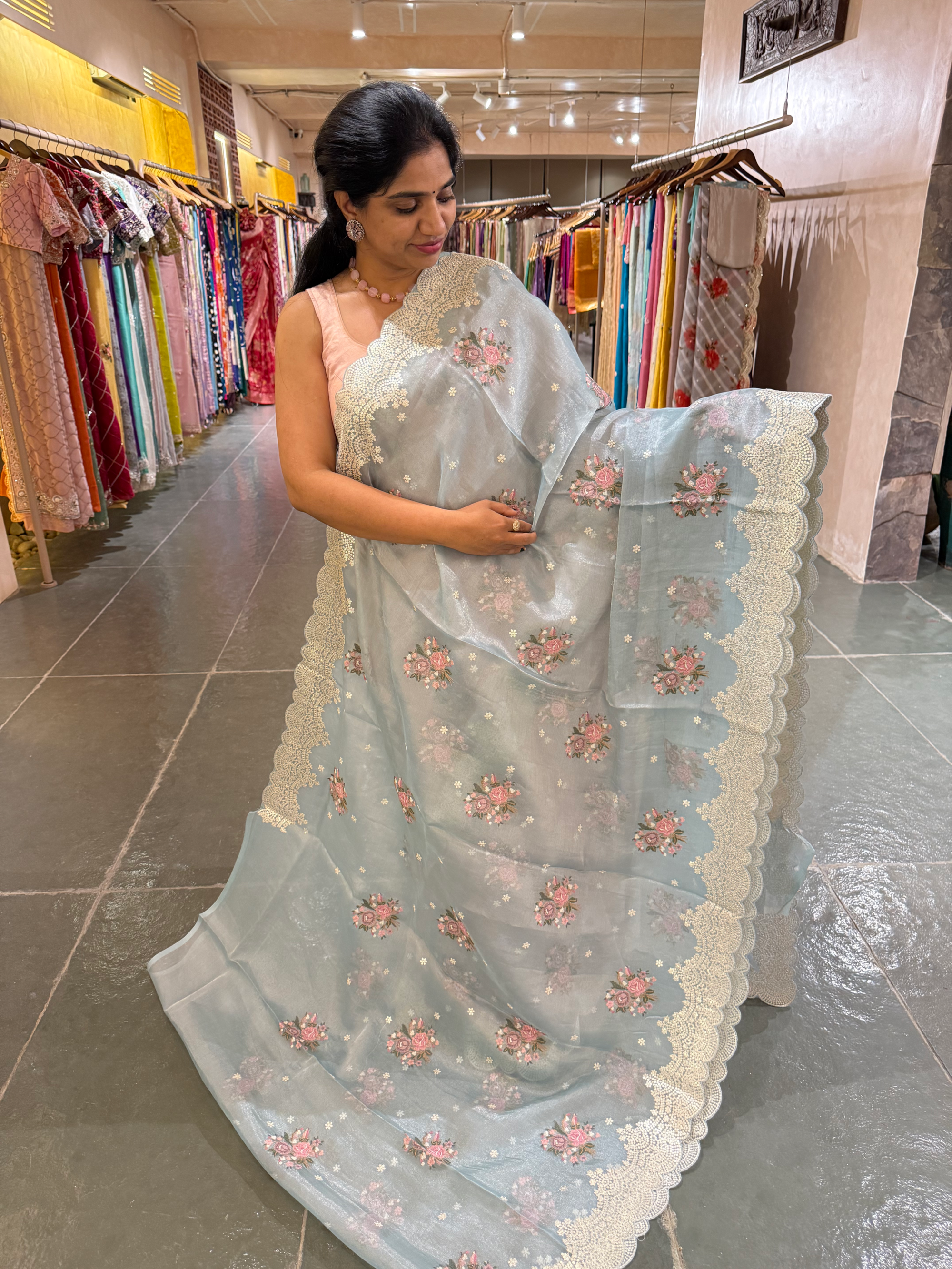 Blue Tissue Saree With allover Petite Point Motifs & Pittai Sequnce Borders