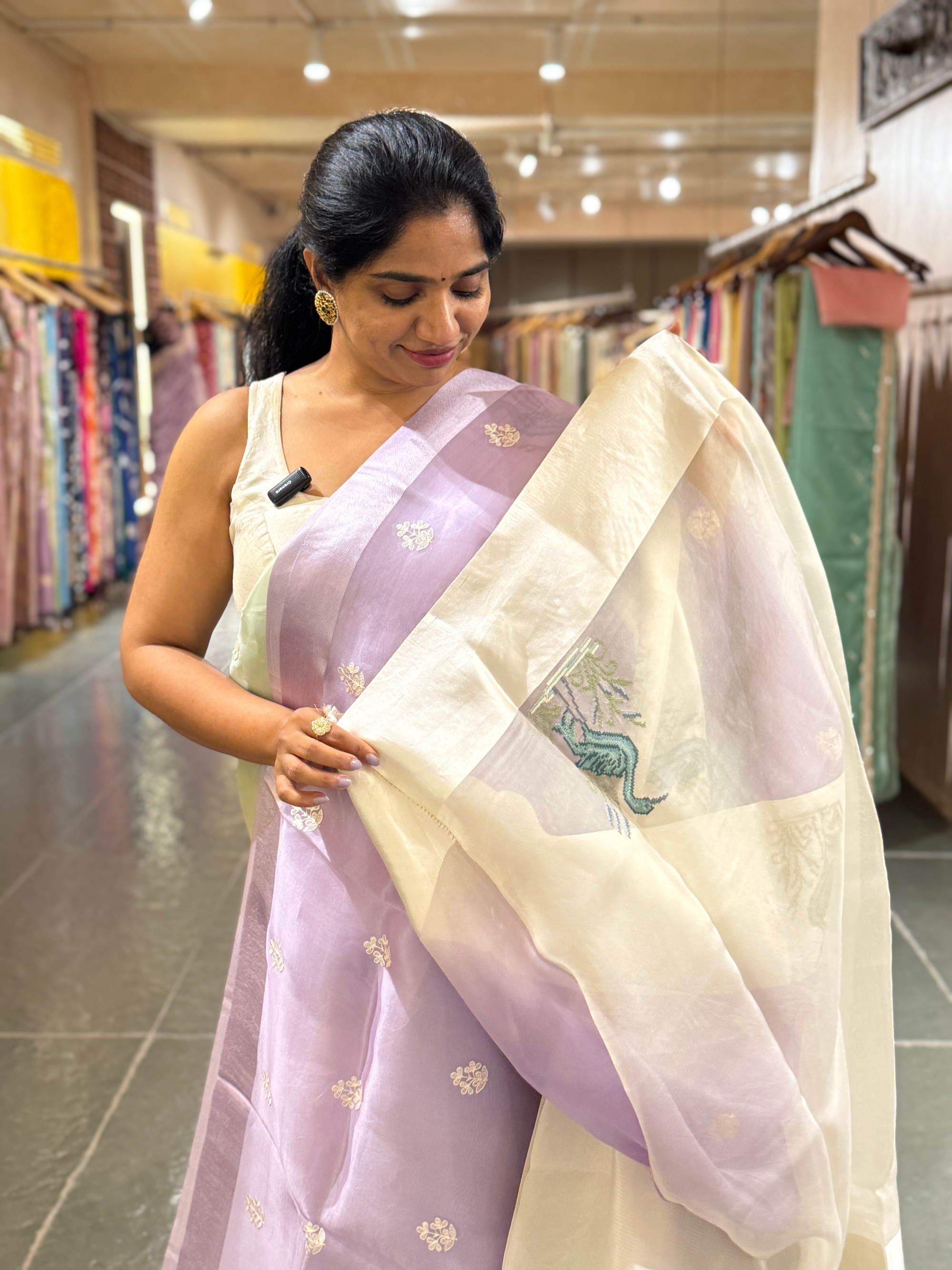 LilacPure Organza Silk Saree with Petite Point Embriodered Swans Mashru Borders
