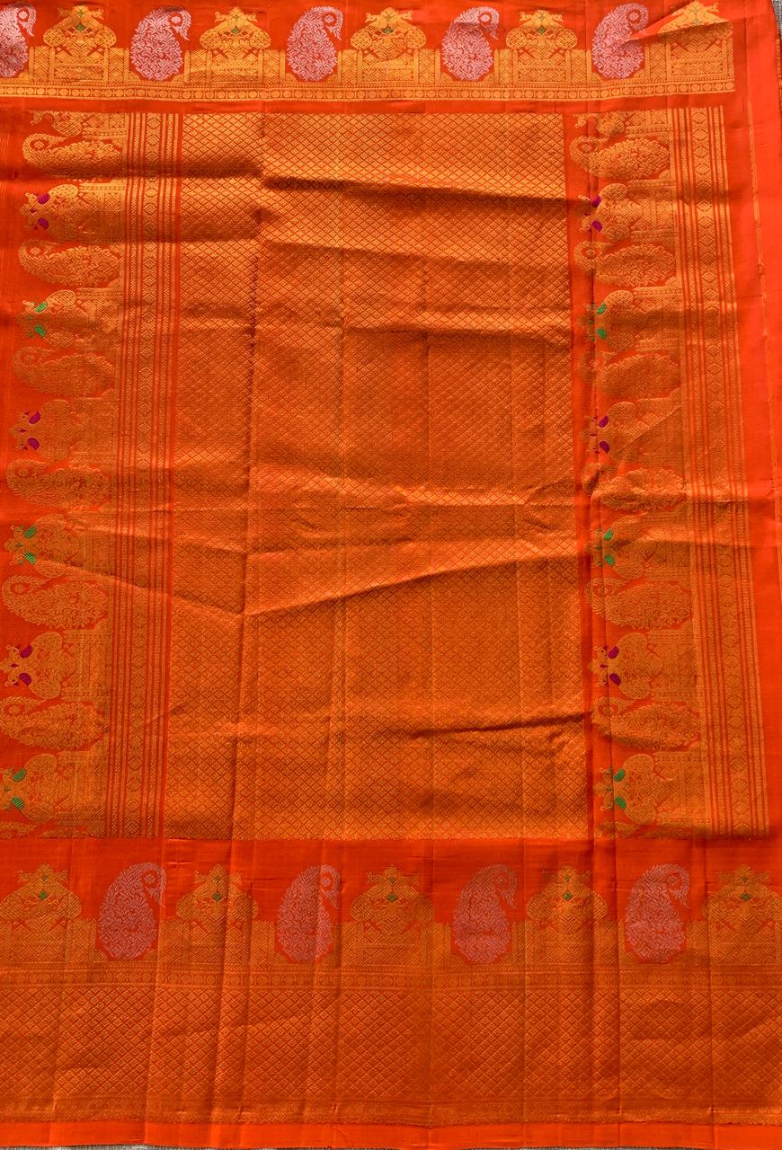 Orange  Pure Handloom Gadwal Saree Turning Borders