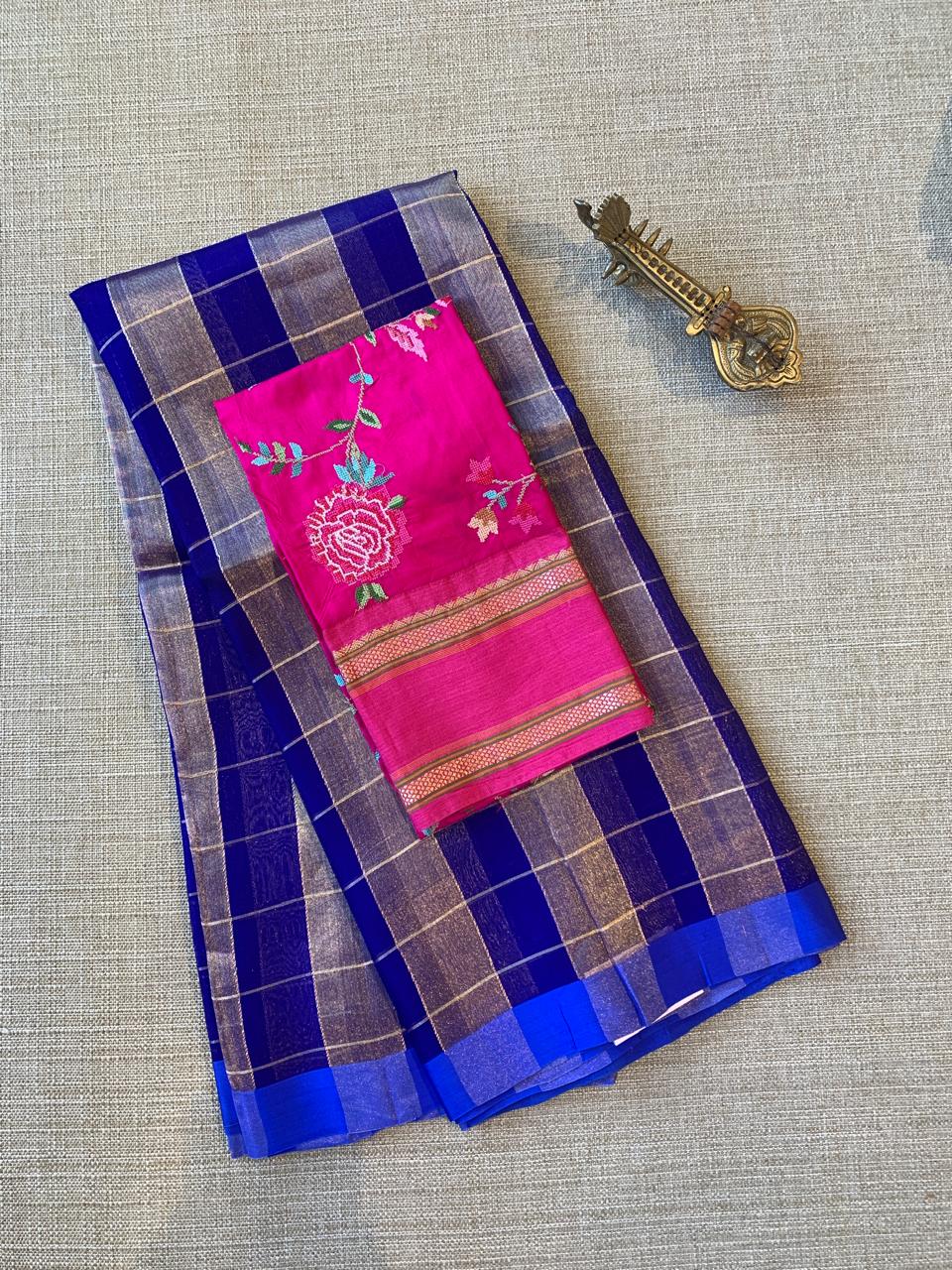 Royal Blue Pure Handloom Banarasi Kora Tissue Checks Saree