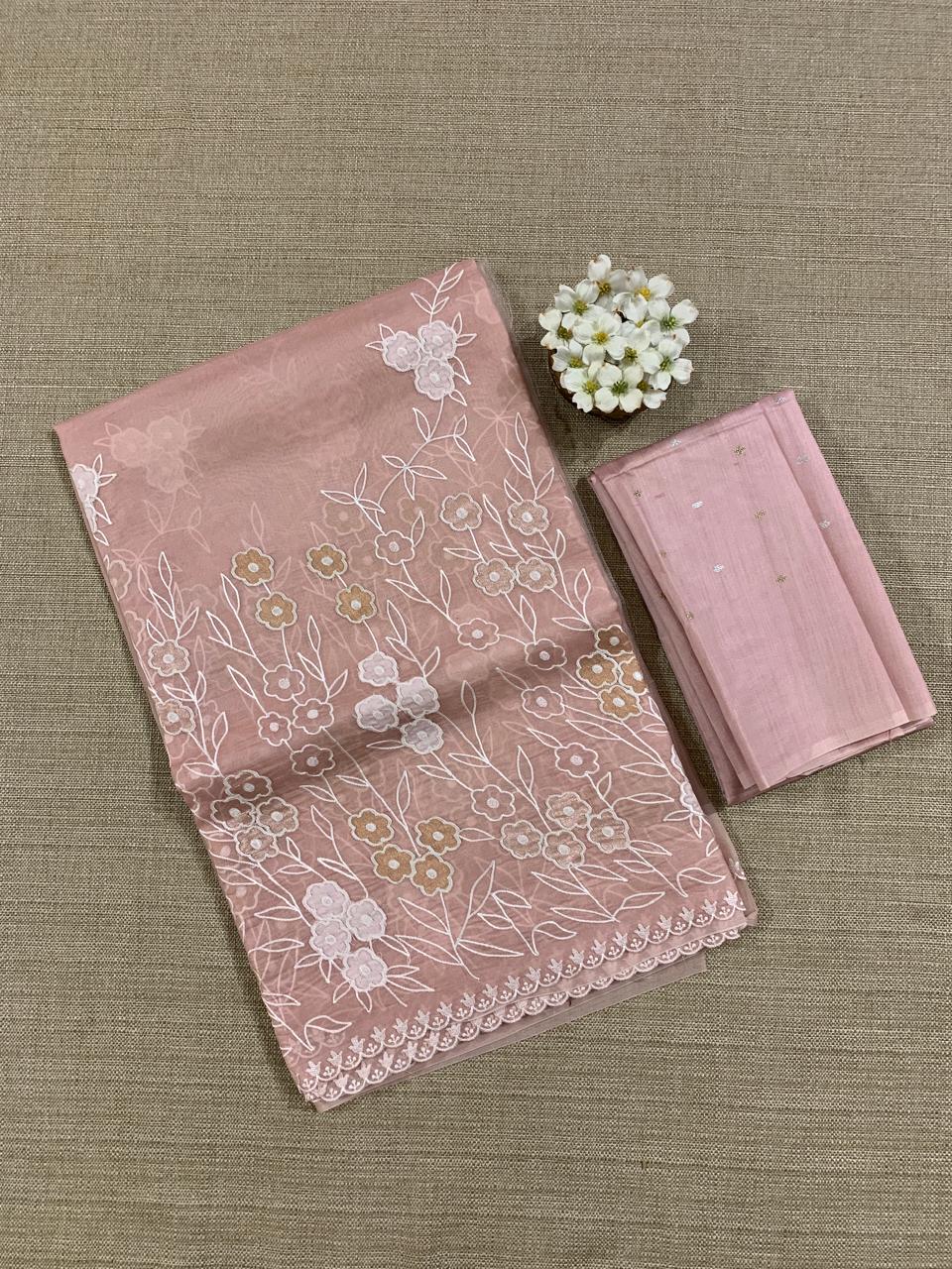 Peach Pink Organza Applique work Saree