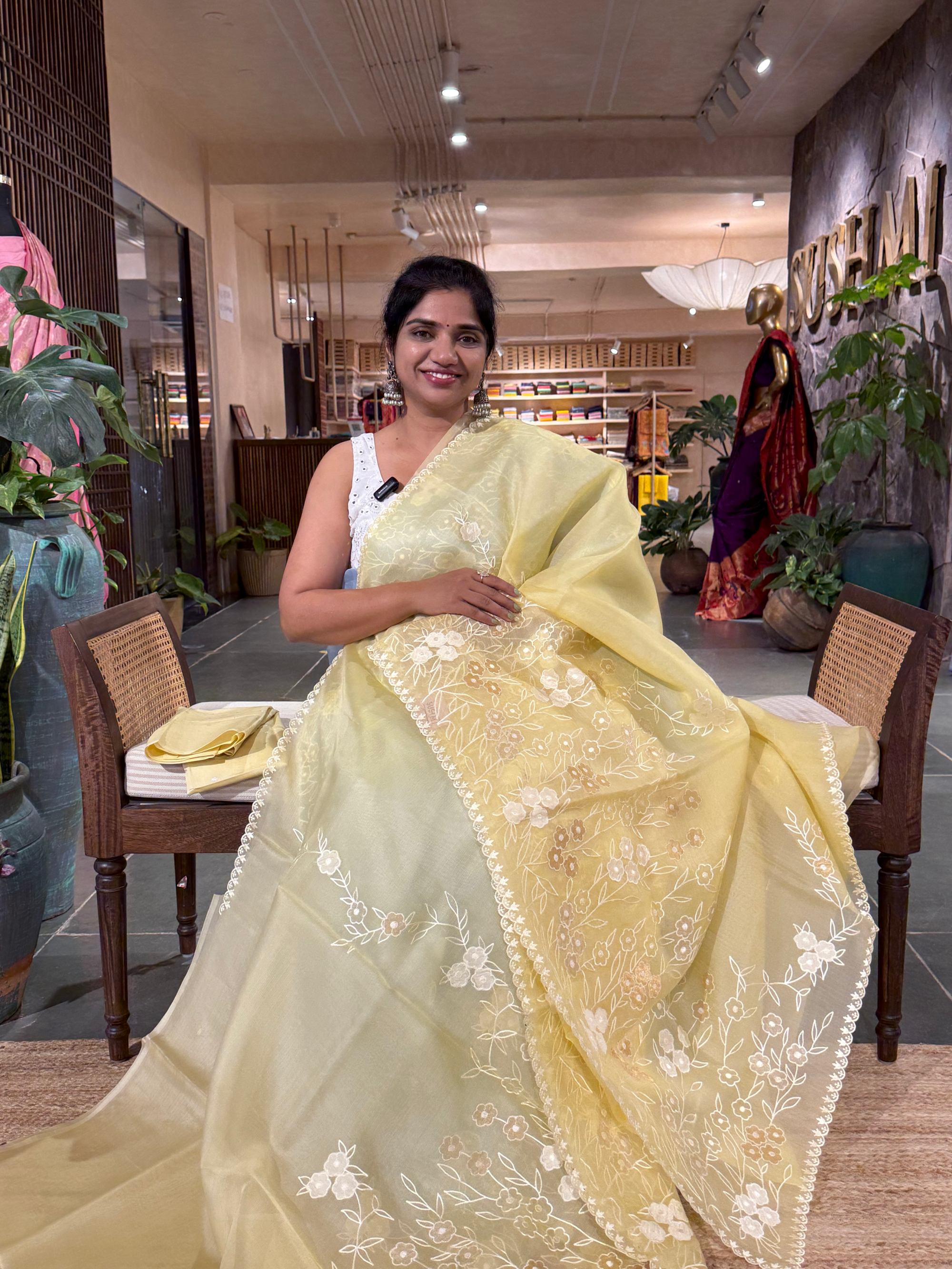 Besan Yellow Organza Applique work Saree