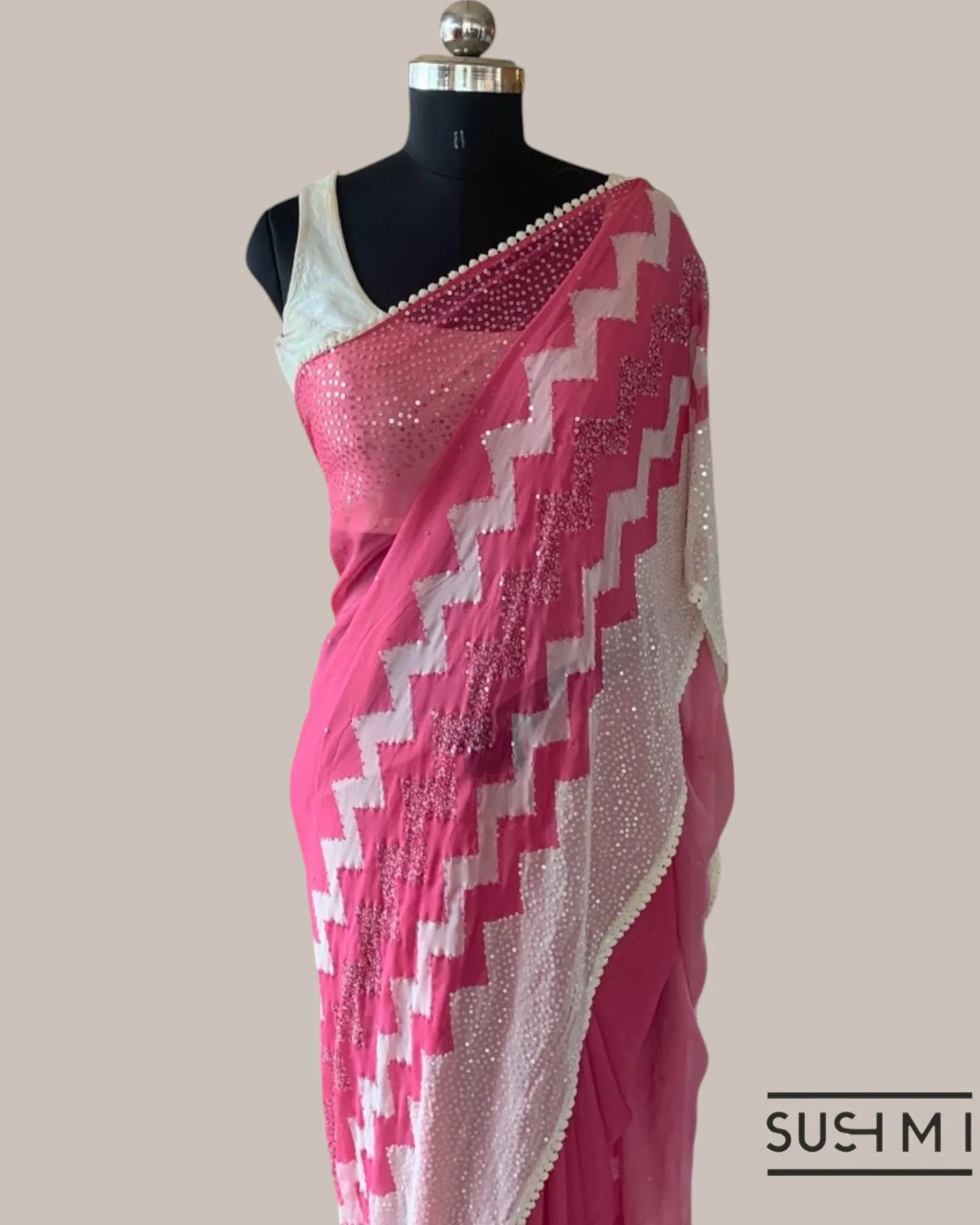 Coral Pink Pure Gorgette Saree With Zigzag Pattern Sequnce Border