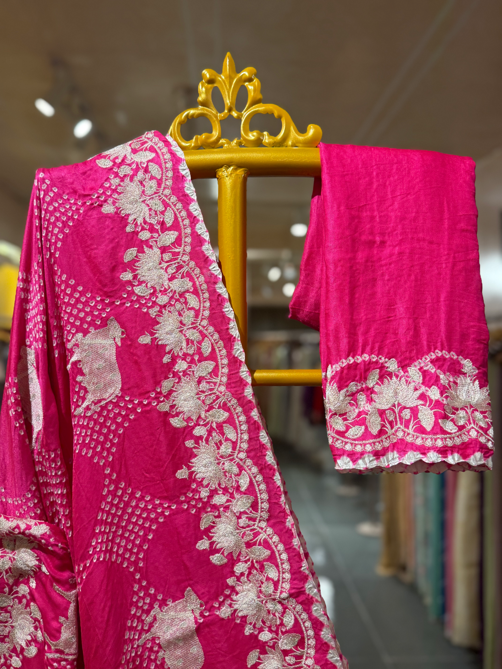 Neon Pink Pure Gajji Silk Rai Bandhej Saree with Pichwai Embroidery