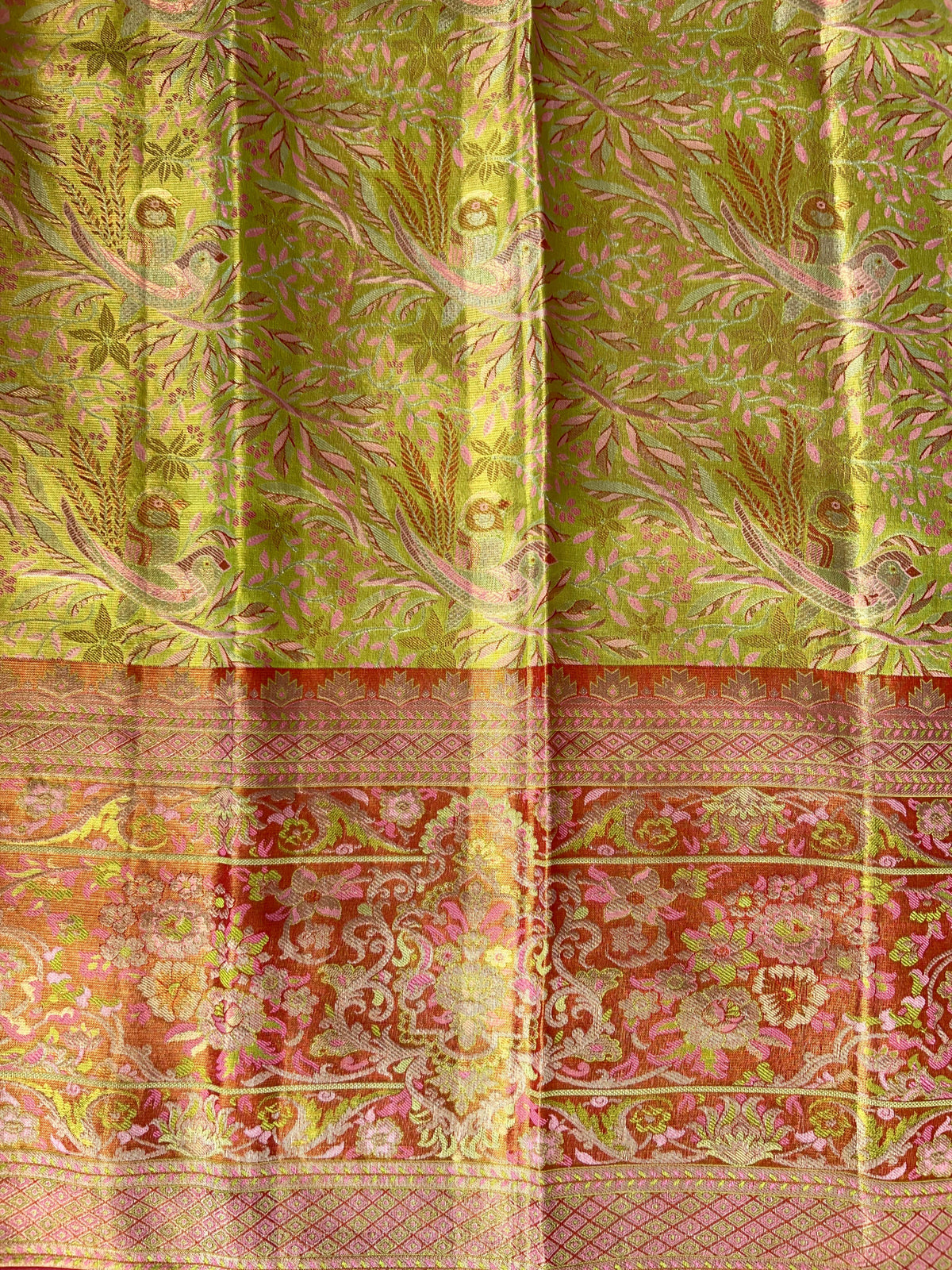 Lime Green & Red Combo Pure Kanjeevaram Meenakari Saree