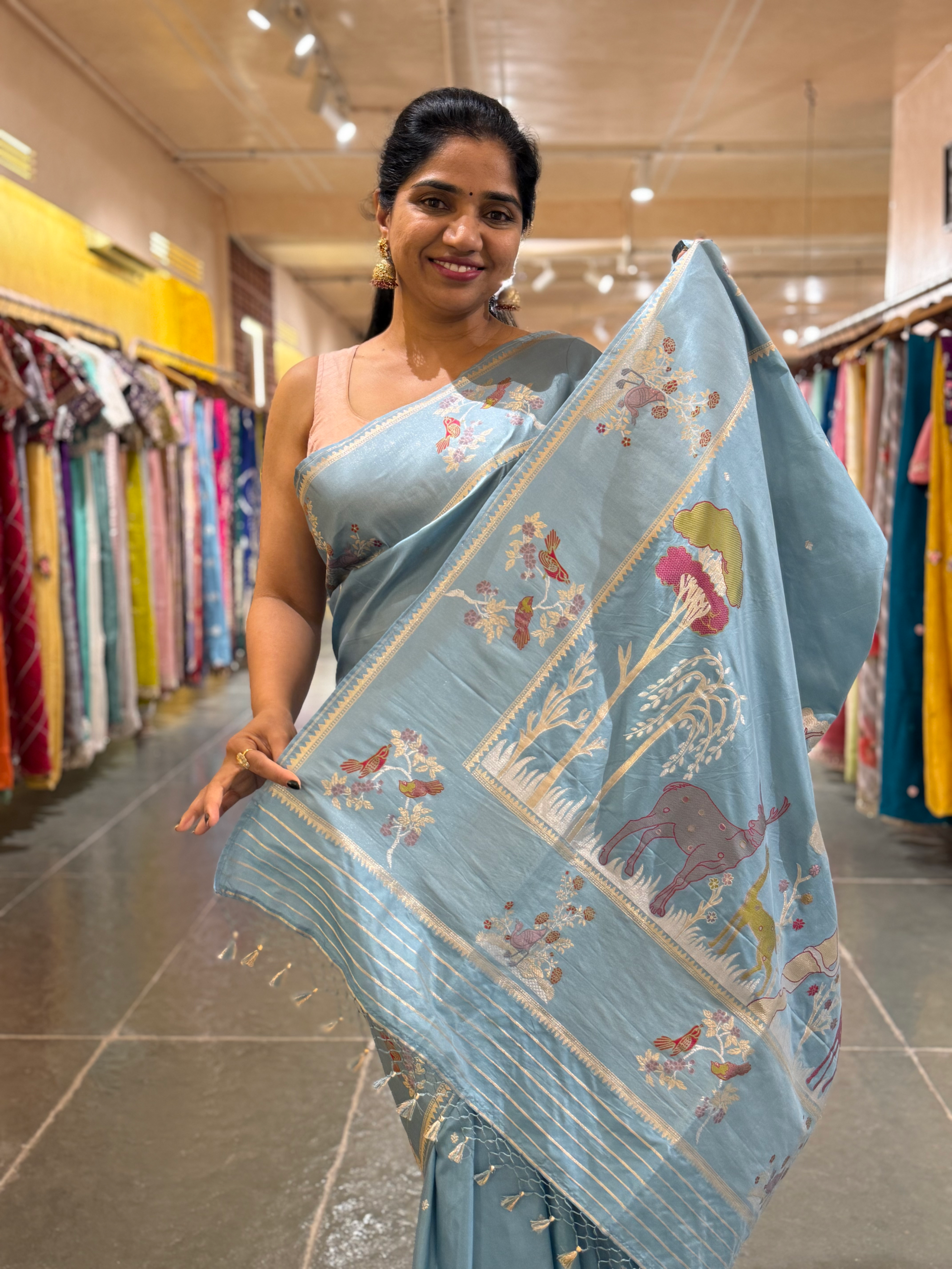 Dusty Blue Designer Banarasi Silk Saree