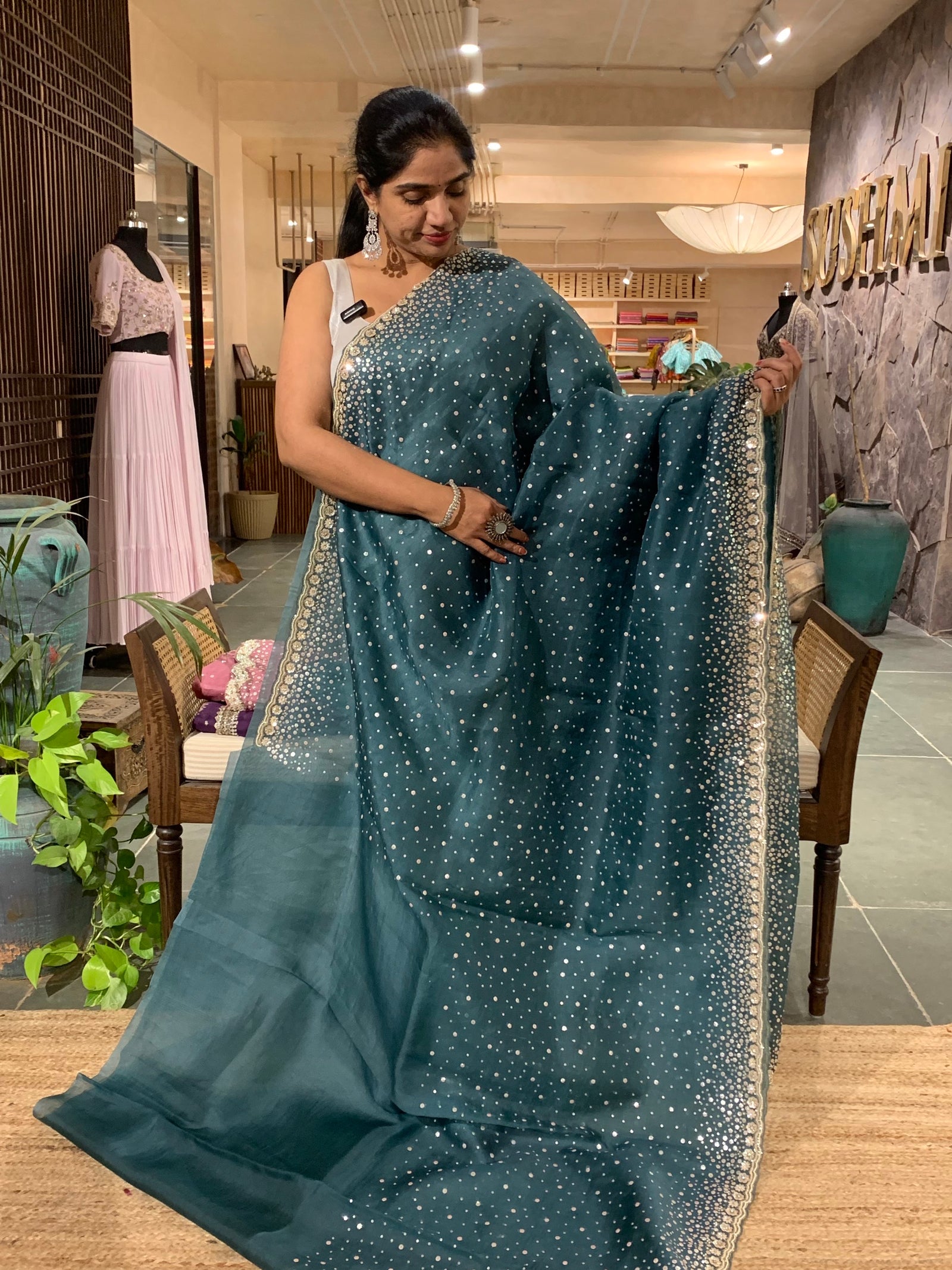 Peacock BlueOrganza Saree with heavy handwork