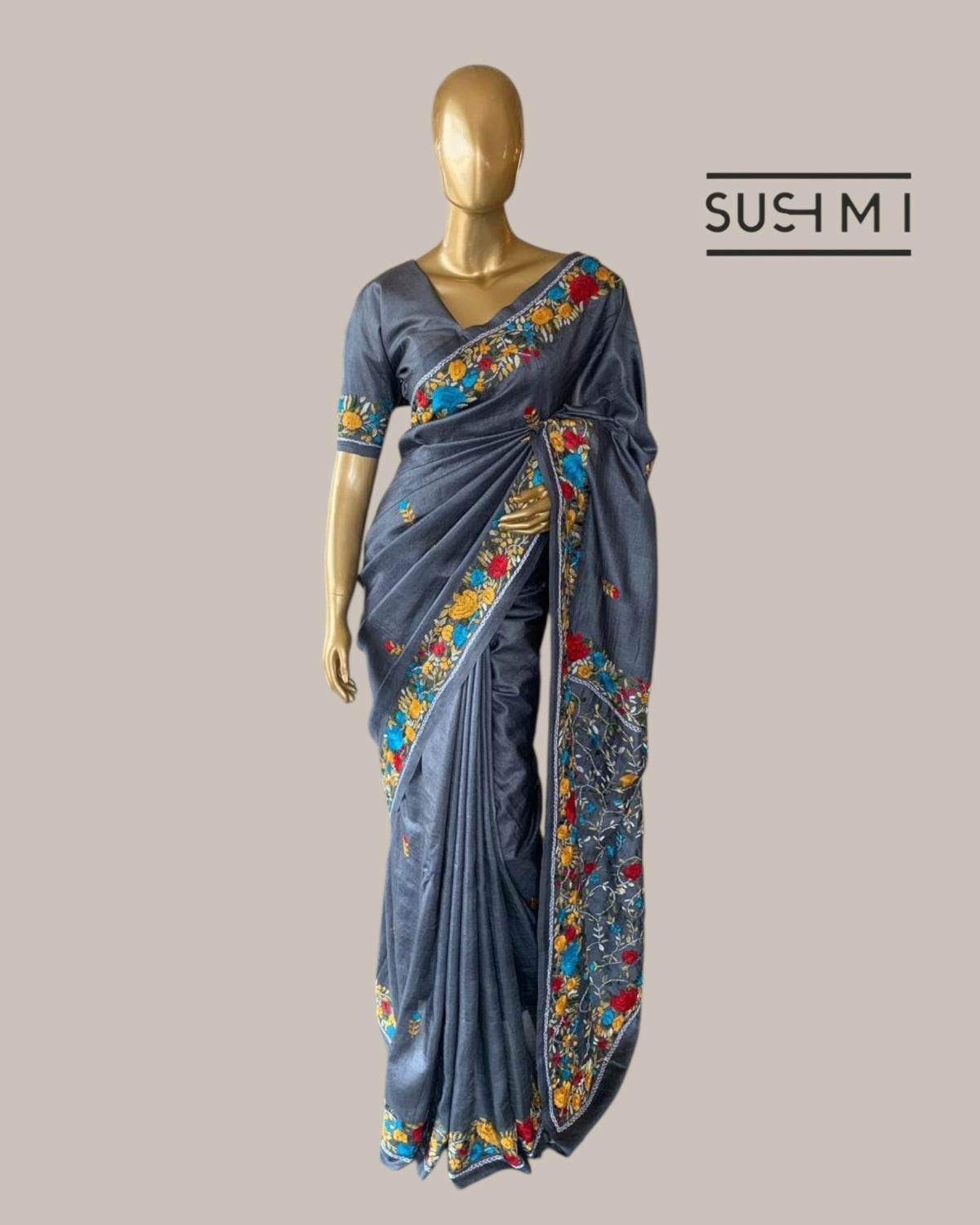 Elephant Grey Pure Tussar Saree with Parsi handwork