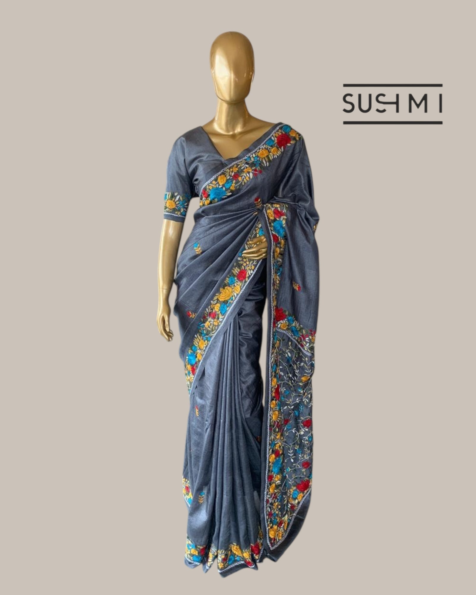 Elephant Grey Pure Tussar Saree with Parsi handwork