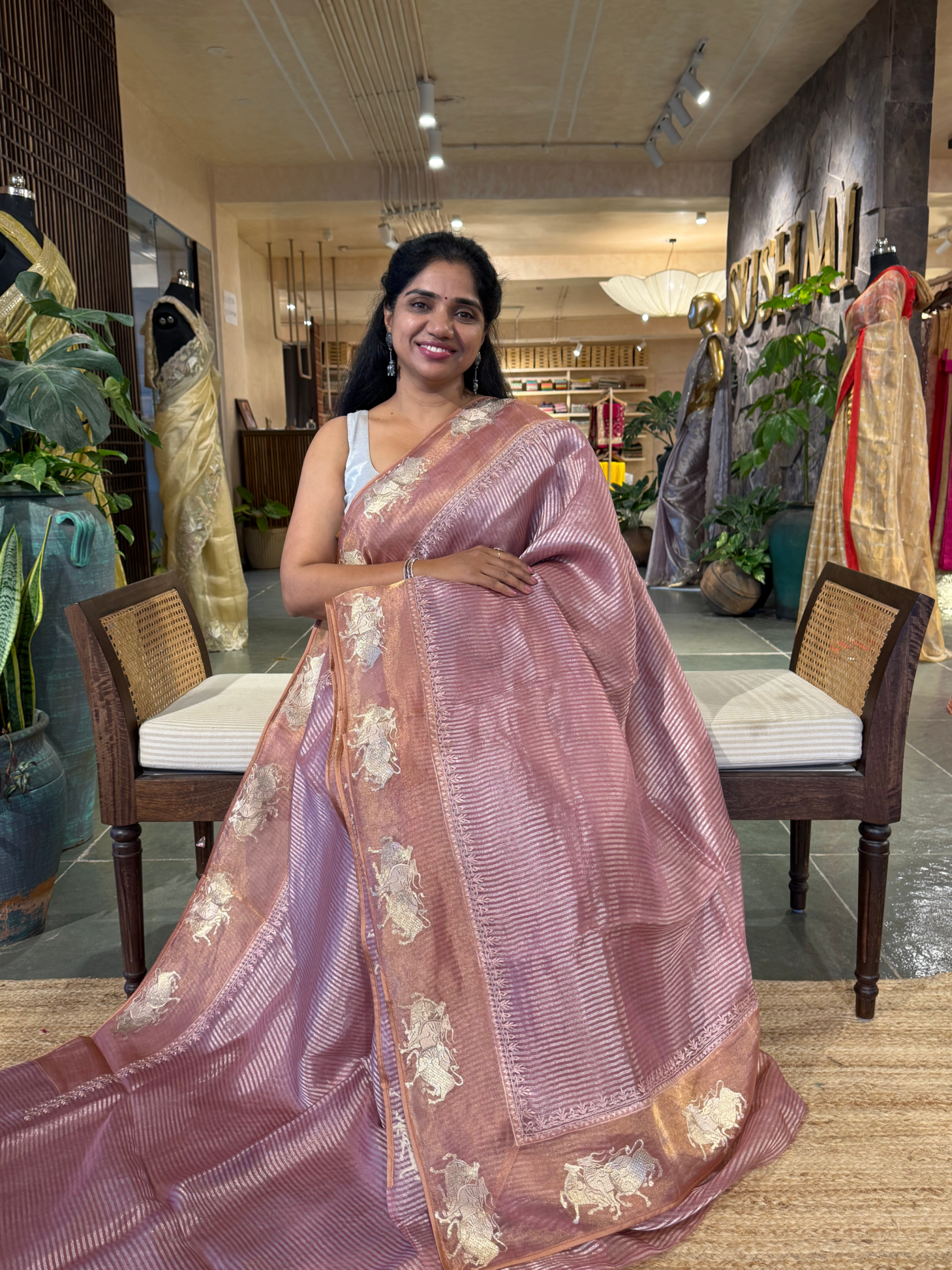 Onion Pink Tissue Stripes Saree with Nandi Border & Tissue Petite Point Blouse