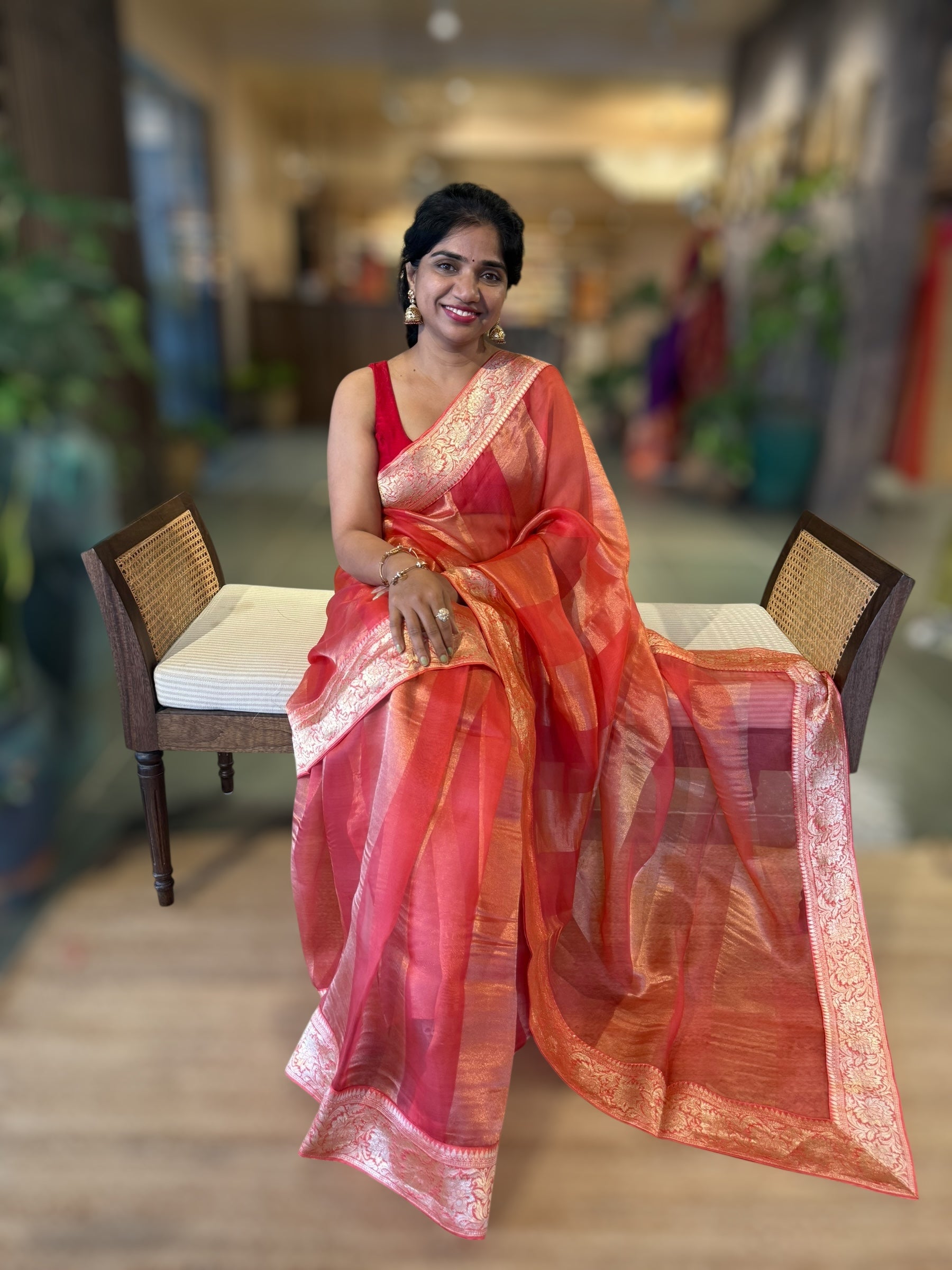 Koral Pink Banarasi Kora Tissue Stripes Saree With Banarasi Borders & Blouse