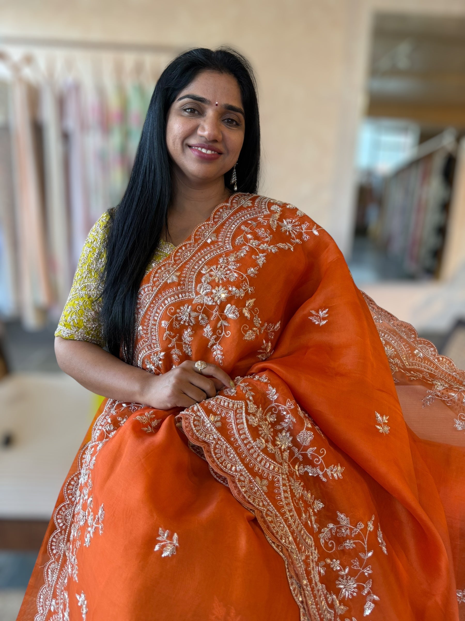Orange Organza Handwork Saree